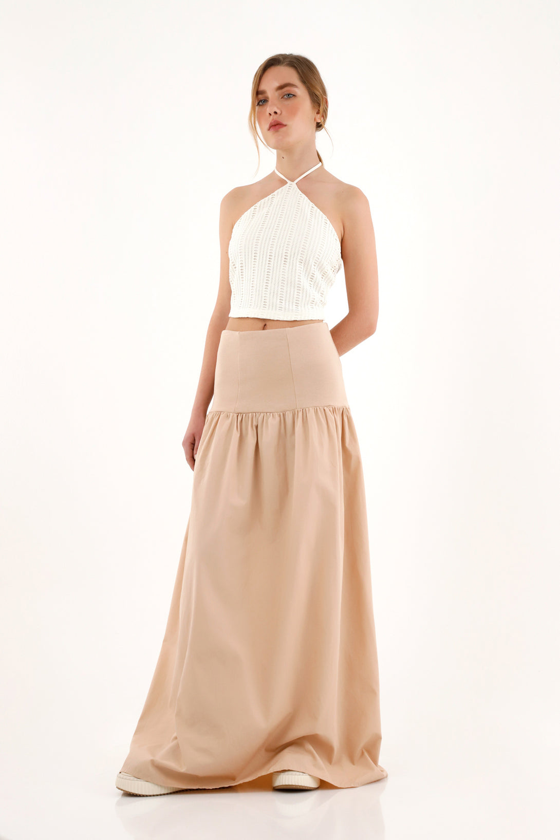 Women's long brown skirt with ribbed waistband