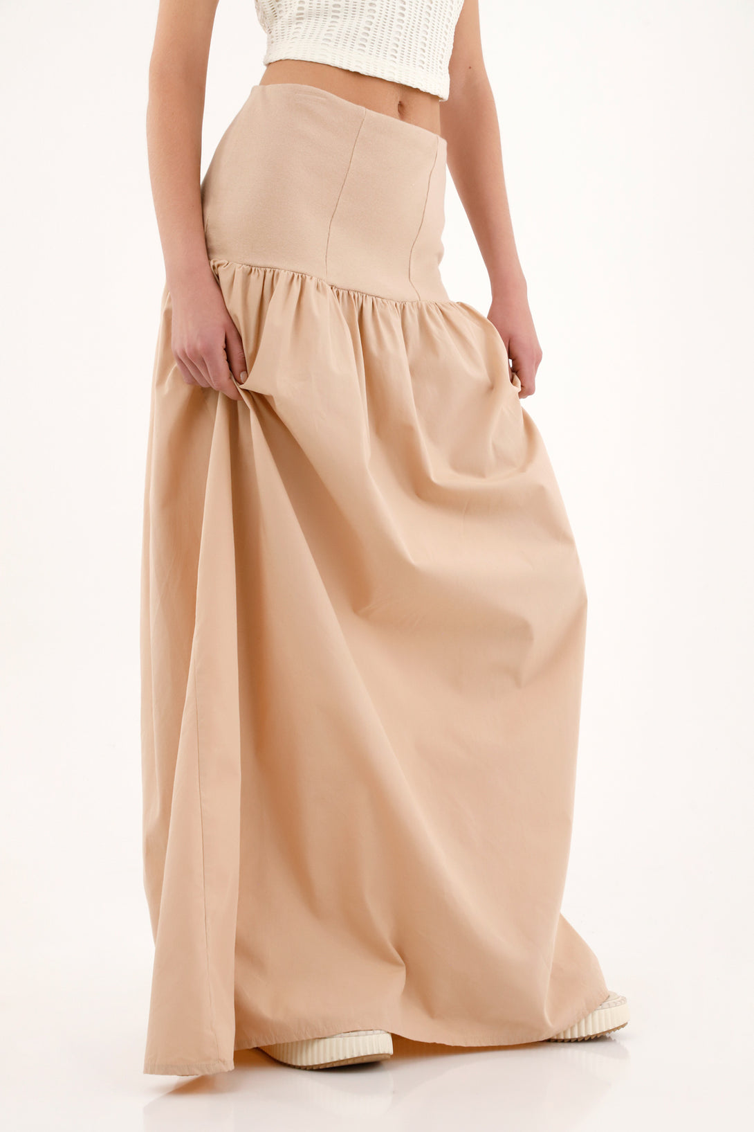 Women's long brown skirt with ribbed waistband