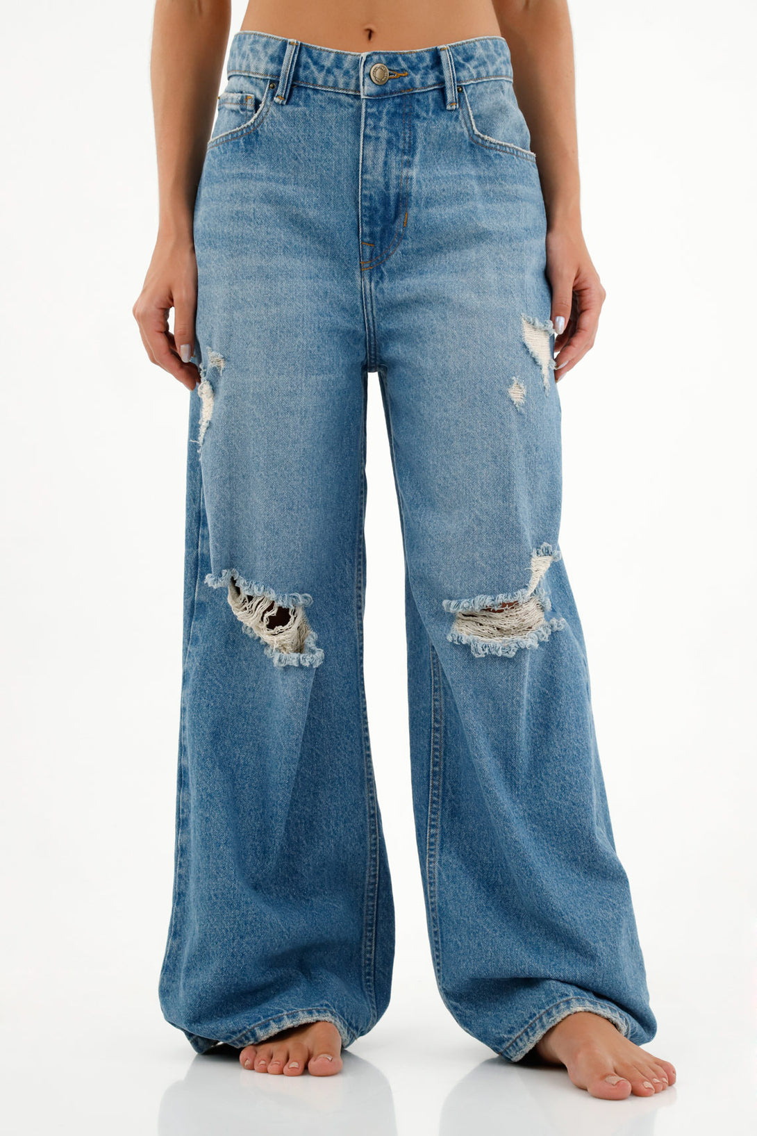 Women's Blue Distressed Wide Leg Jeans