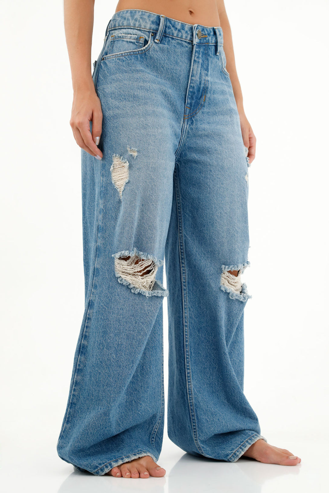 Women's Blue Distressed Wide Leg Jeans