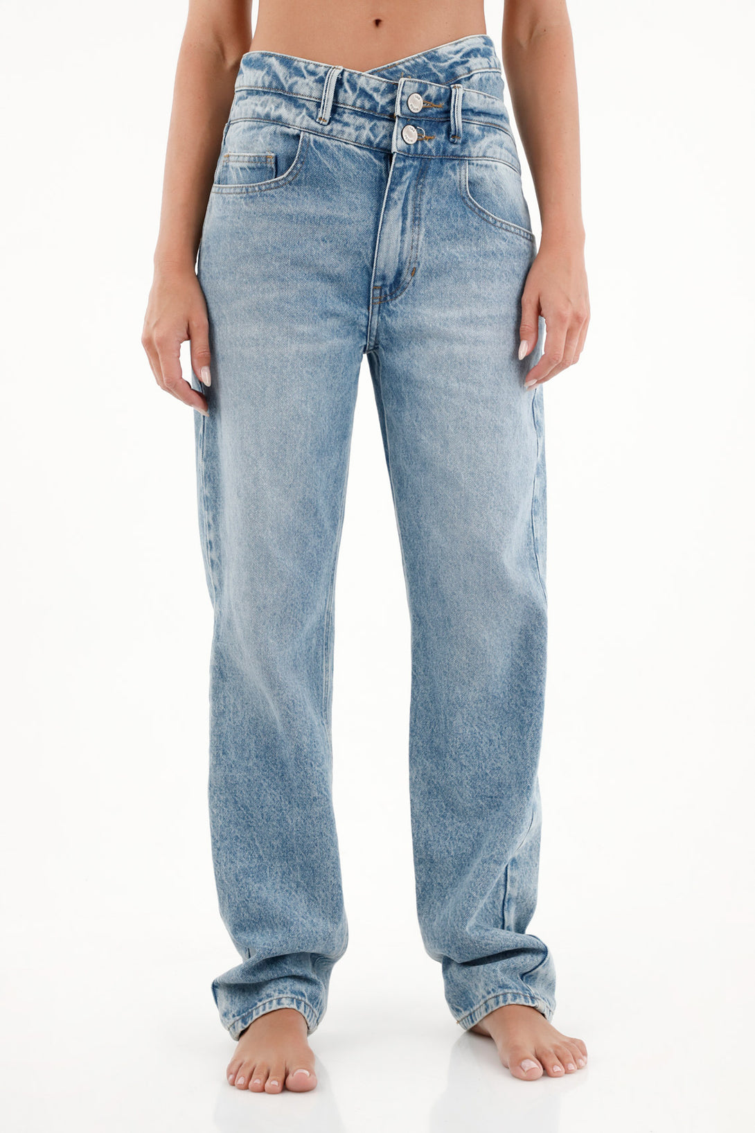 Women's High-Waisted Straight-Leg Blue Jeans with Double Waistband