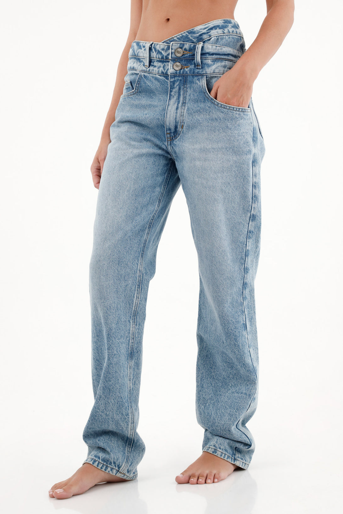 Women's High-Waisted Straight-Leg Blue Jeans with Double Waistband