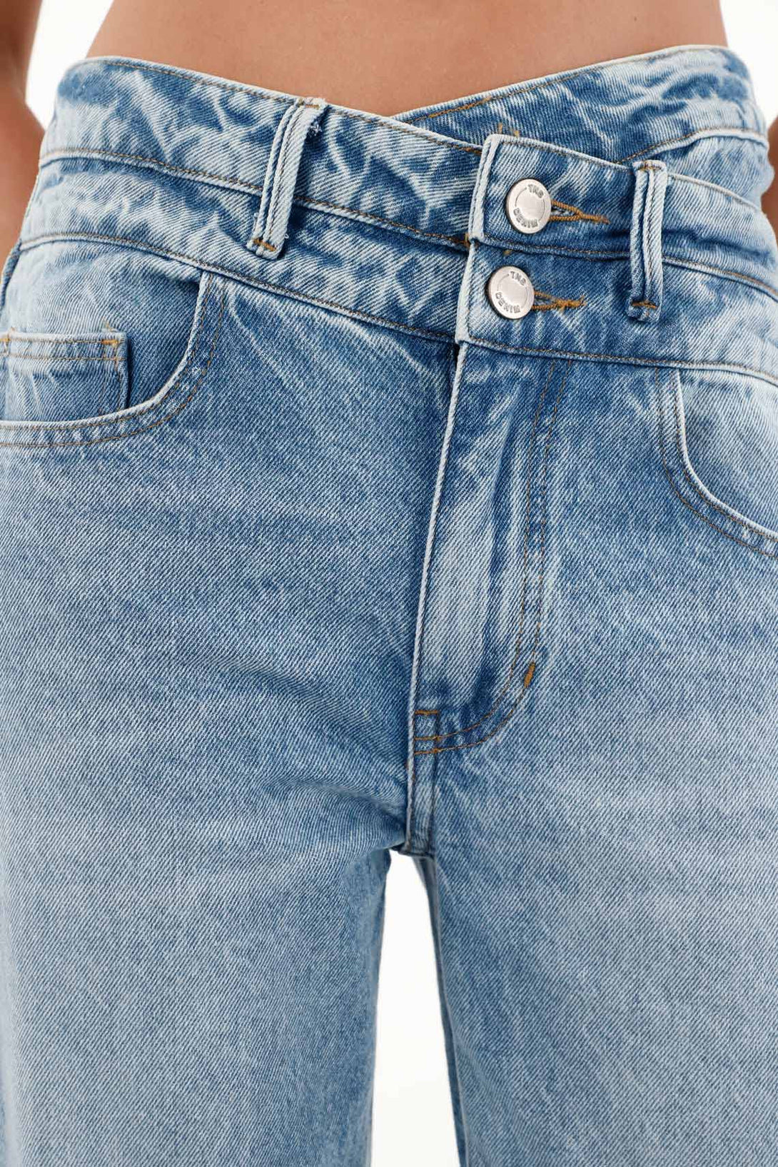 Women's High-Waisted Straight-Leg Blue Jeans with Double Waistband