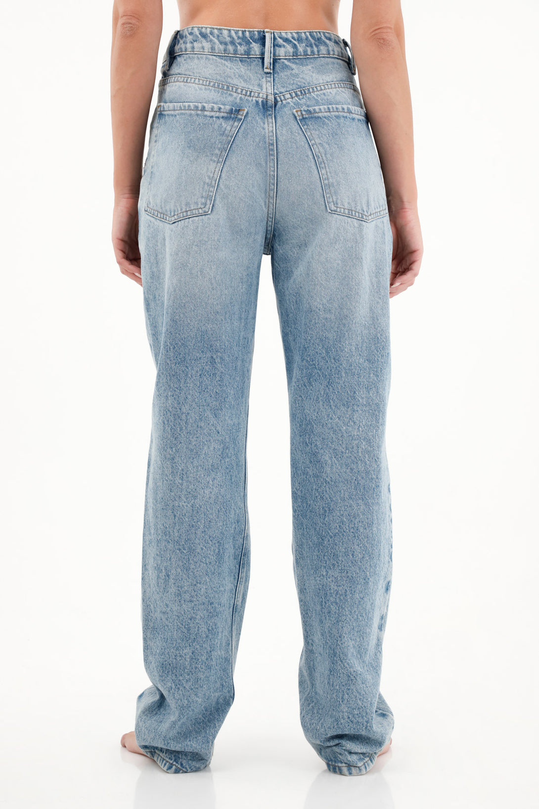 Women's High-Waisted Straight-Leg Blue Jeans with Double Waistband