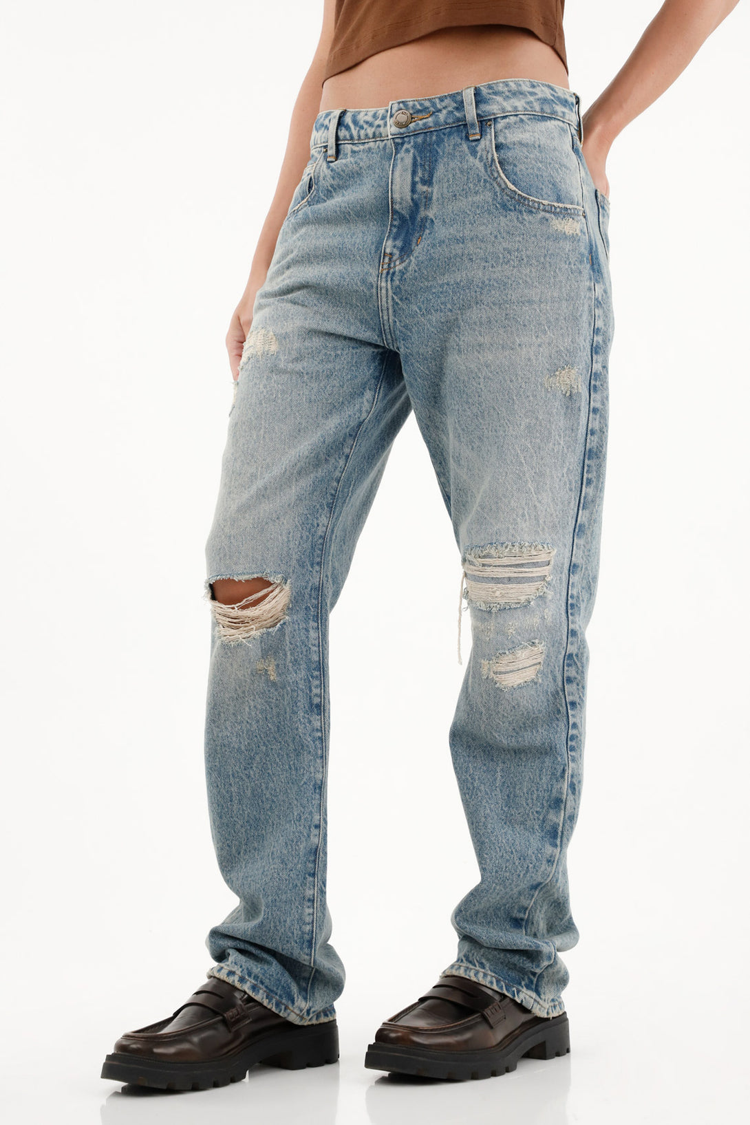 Women's High-Waisted Distressed Straight-Leg Jeans