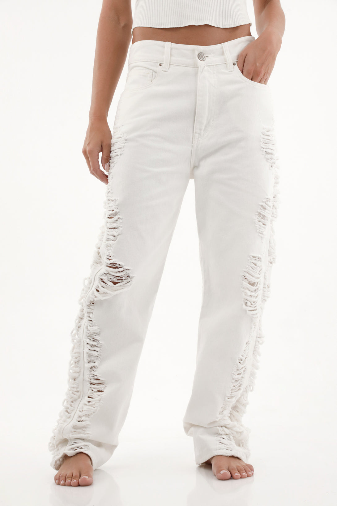 Women's Mid-Rise Distressed Straight White Jeans