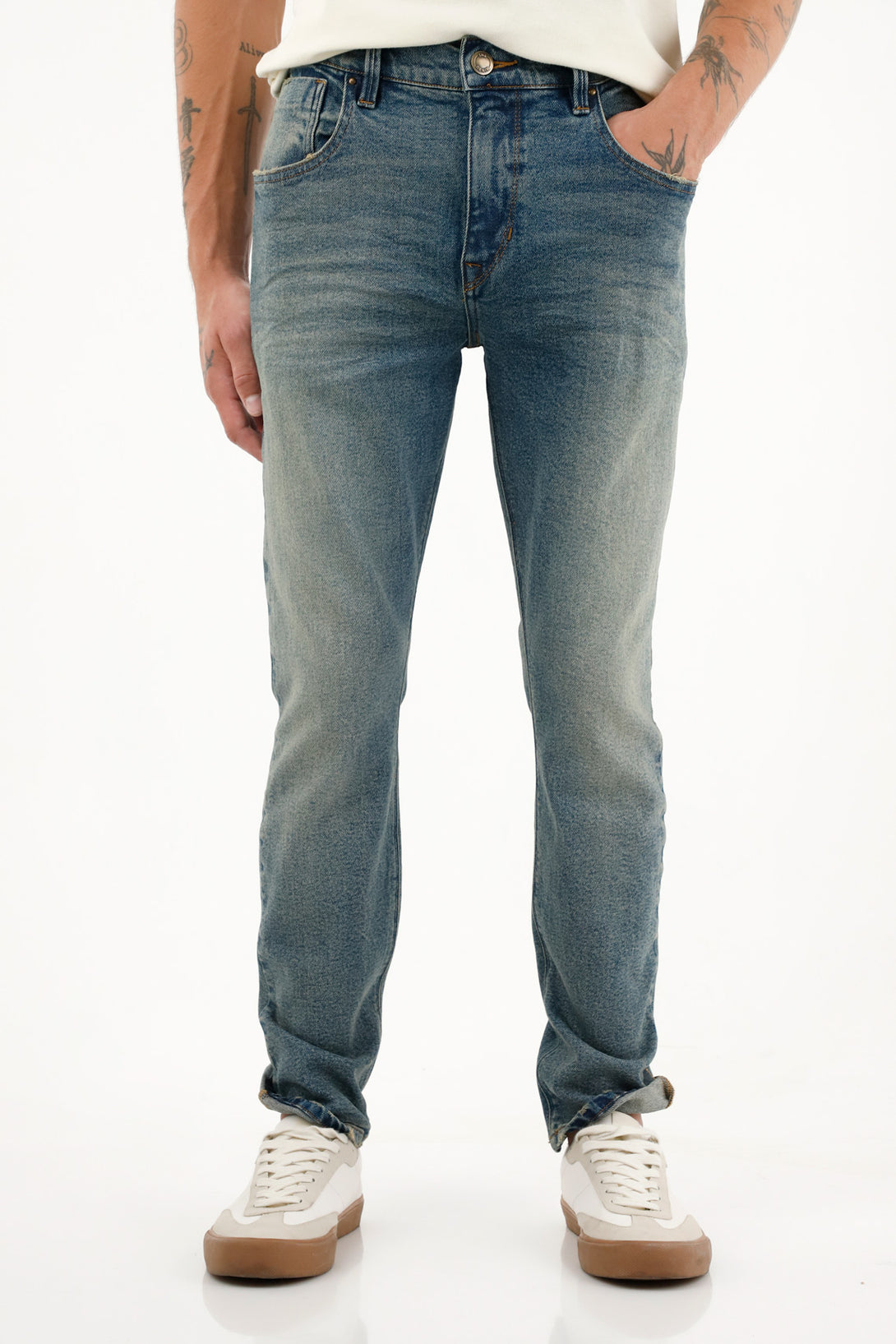 Men's TNS jeans, flat waistband nudy jeans with belt.