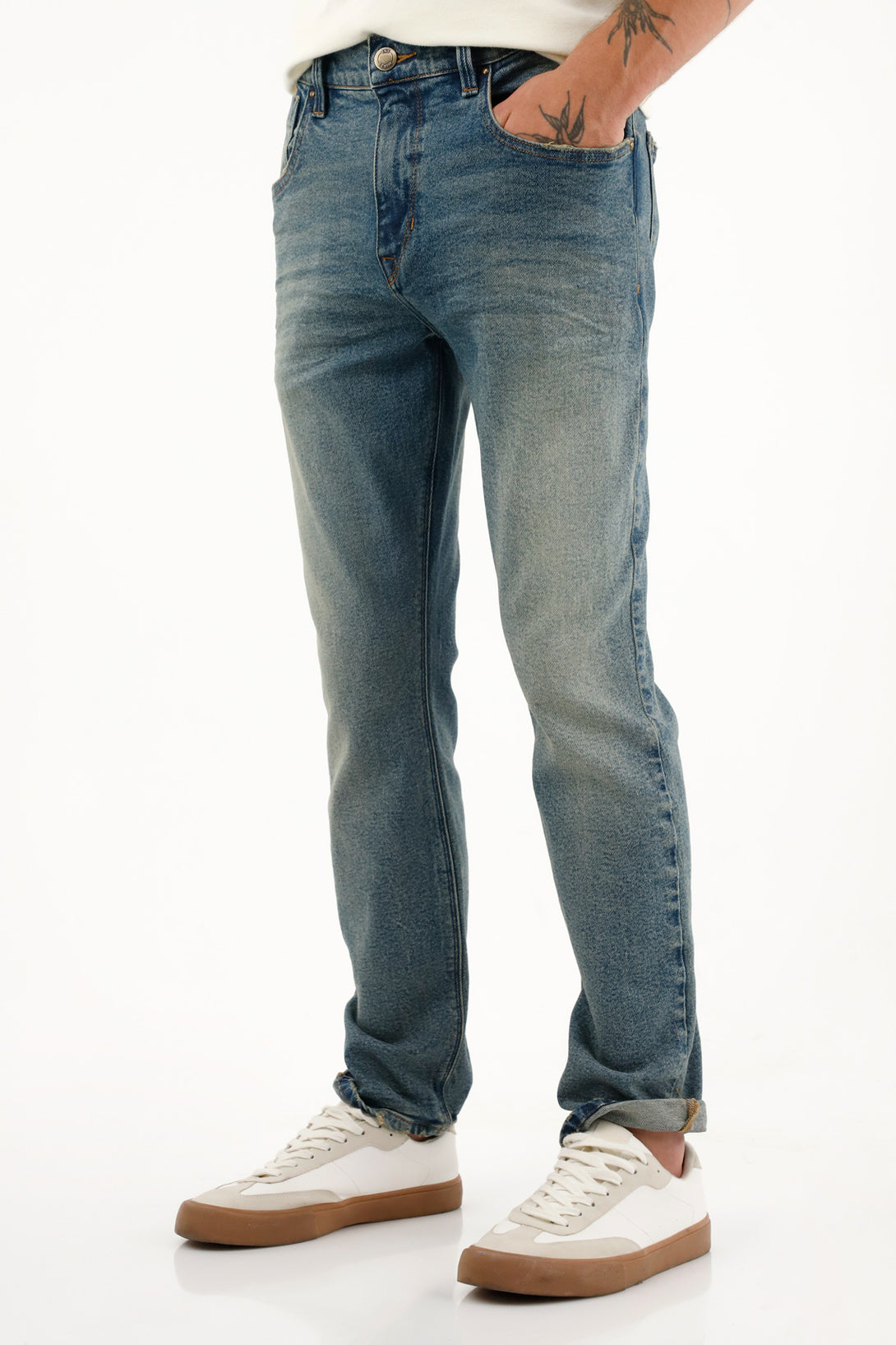 Men's TNS jeans, flat waistband nudy jeans with belt.