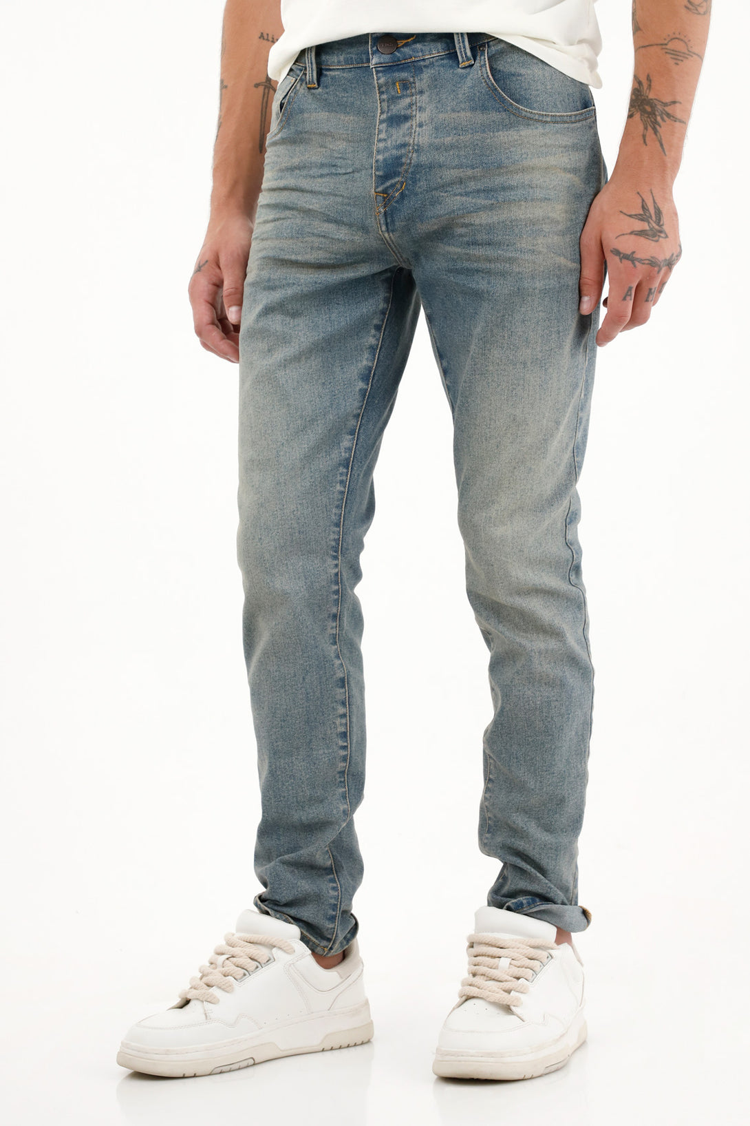 Men's Medium-Rise Blue Super Skinny Jeans with 3D Wrinkles