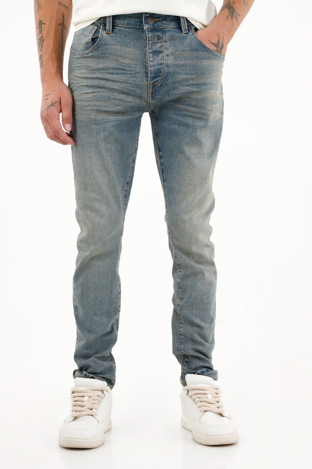 Men's Medium-Rise Blue Super Skinny Jeans with 3D Wrinkles