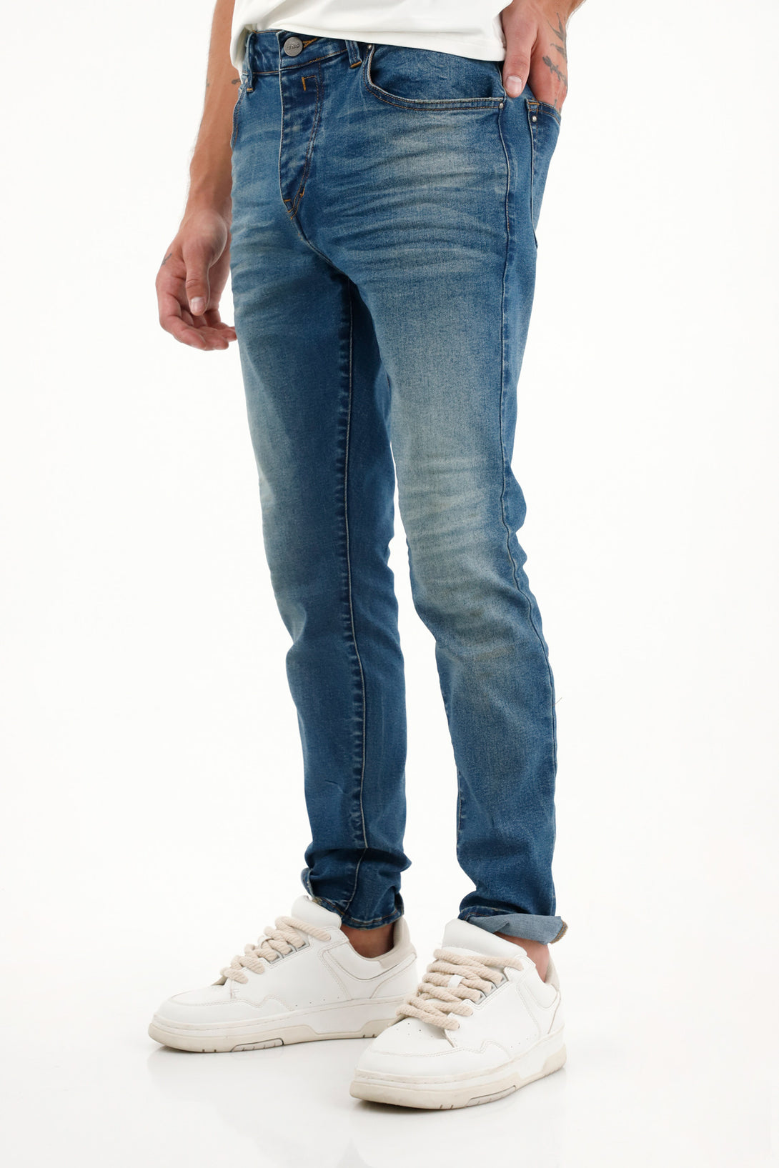 Men's Medium-Rise Blue Super Skinny Jeans with 3D Whiskers