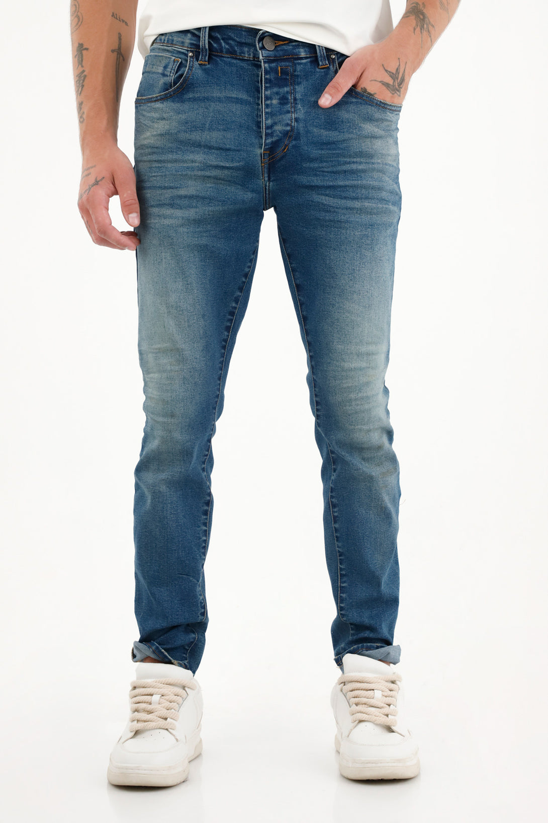 Men's Medium-Rise Blue Super Skinny Jeans with 3D Whiskers