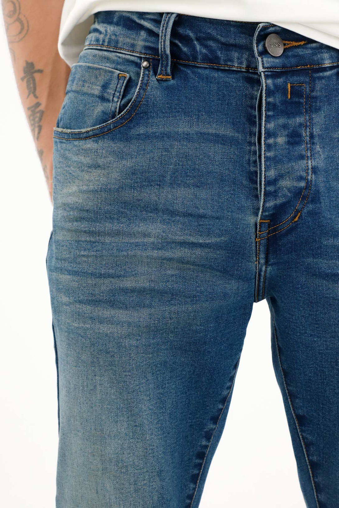 Men's Medium-Rise Blue Super Skinny Jeans with 3D Whiskers