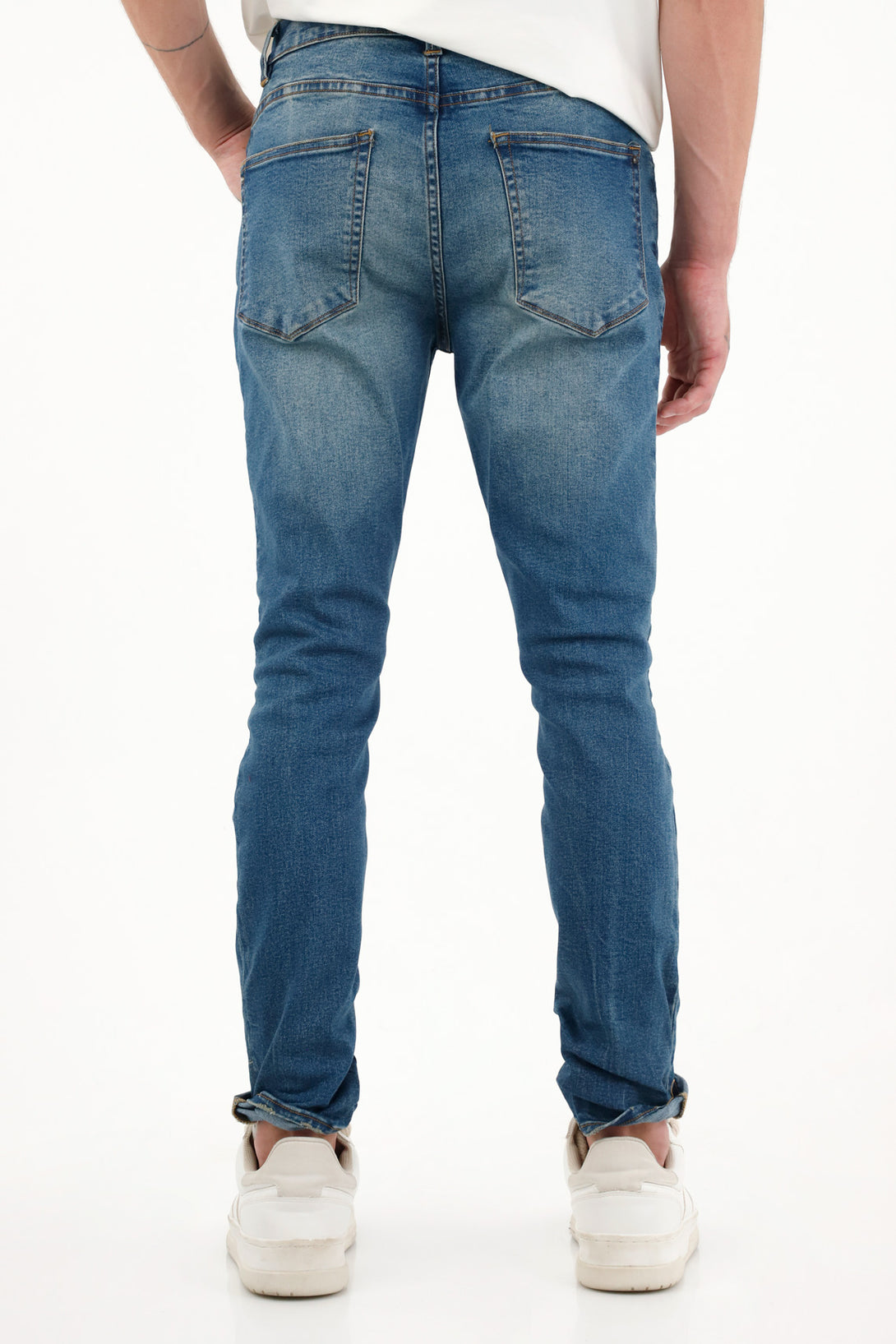 Men's Medium-Rise Blue Super Skinny Jeans with 3D Whiskers