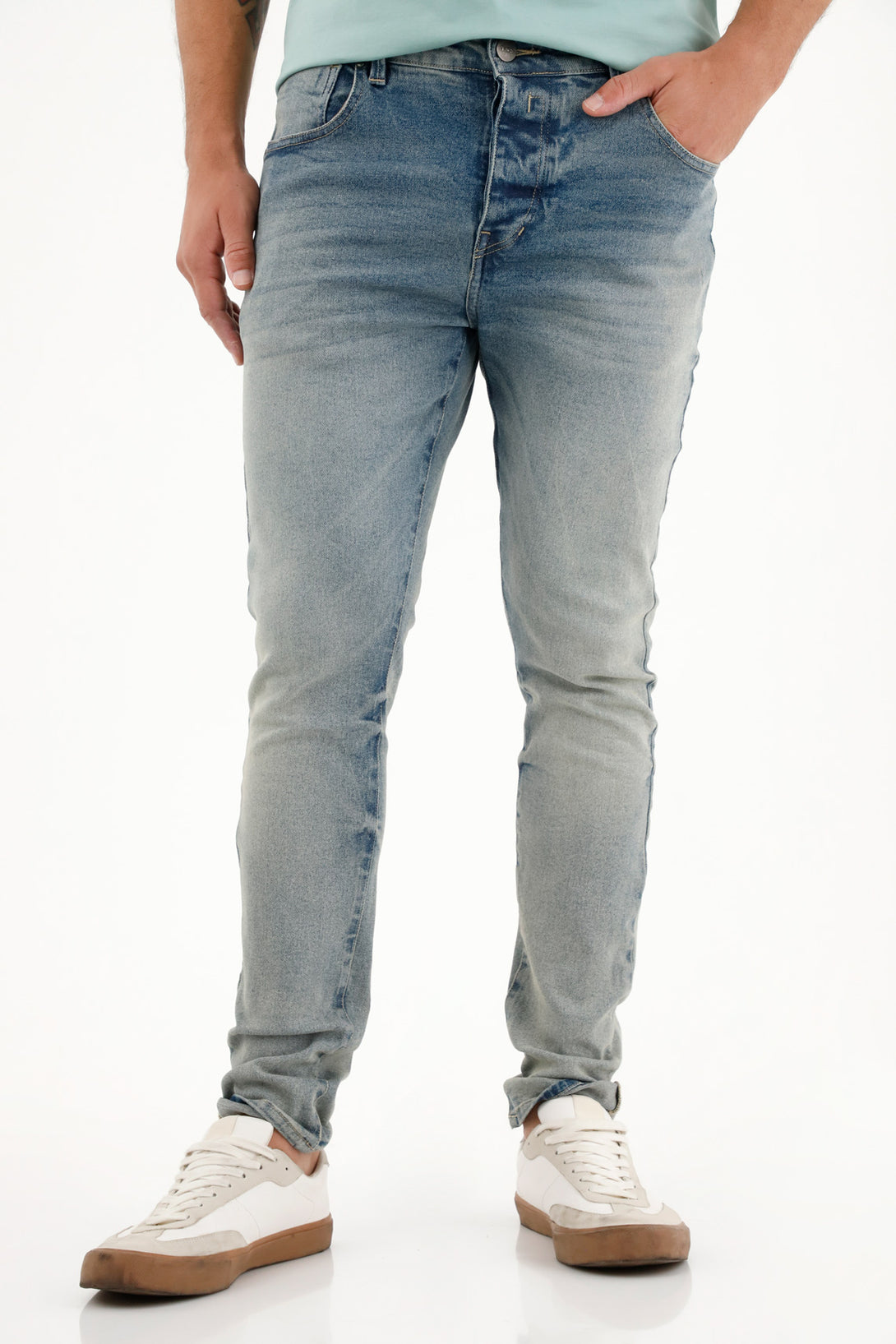 Men's Super Skinny Mid-Rise Jeans with Distressed Effect