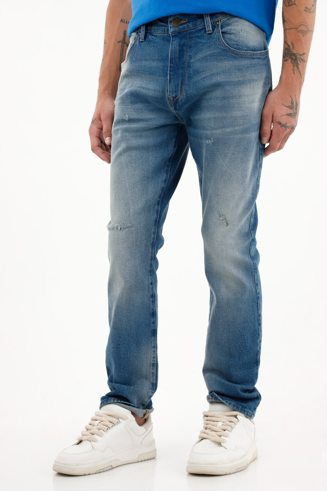 Jean Nudy azul tiro medio con destroyed para hombre