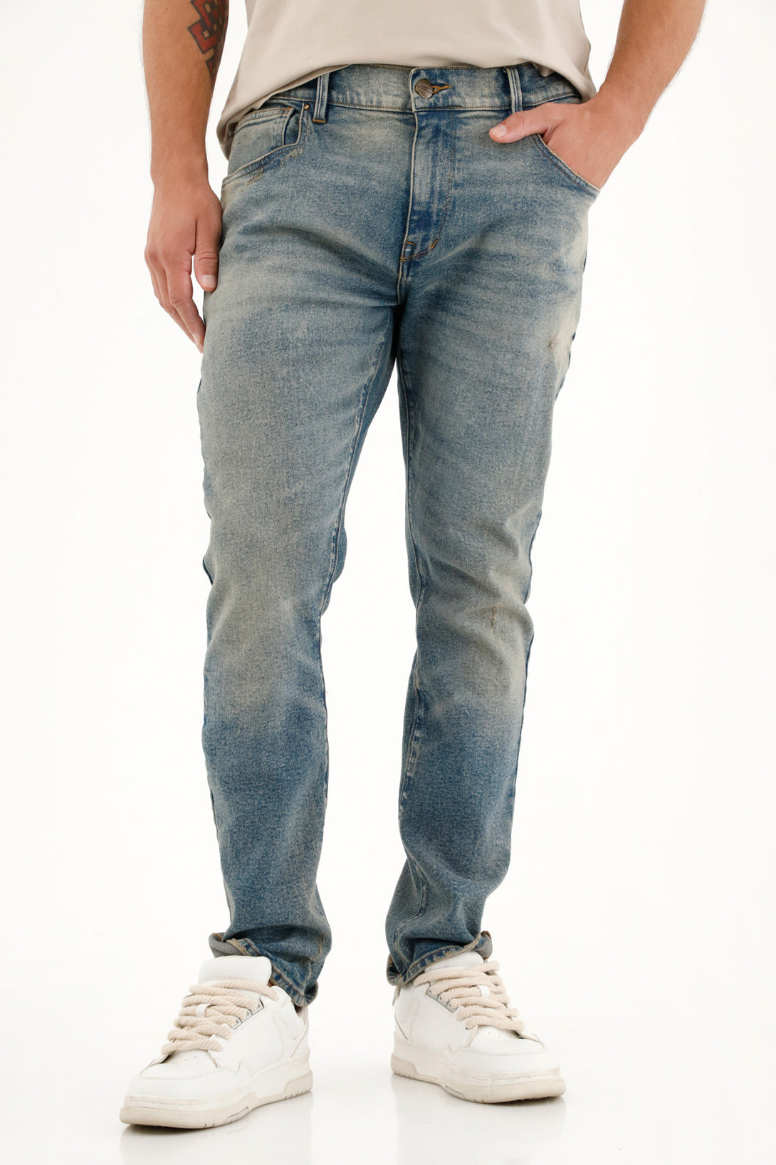 Men's Medium Blue Five-Pocket Nudy Jeans.