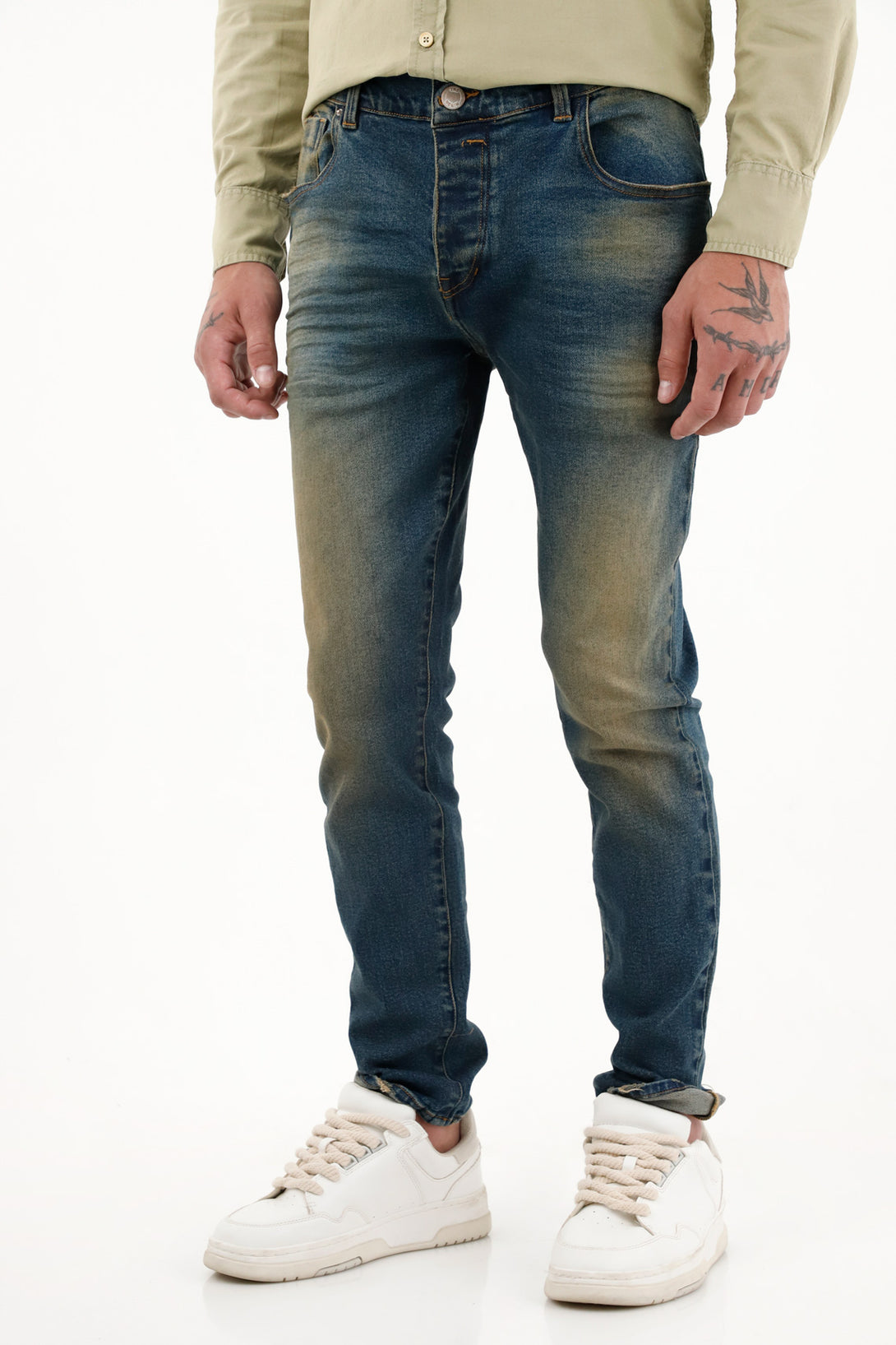 Men's TNS jeans, flat waist skinny jeans with waistband.