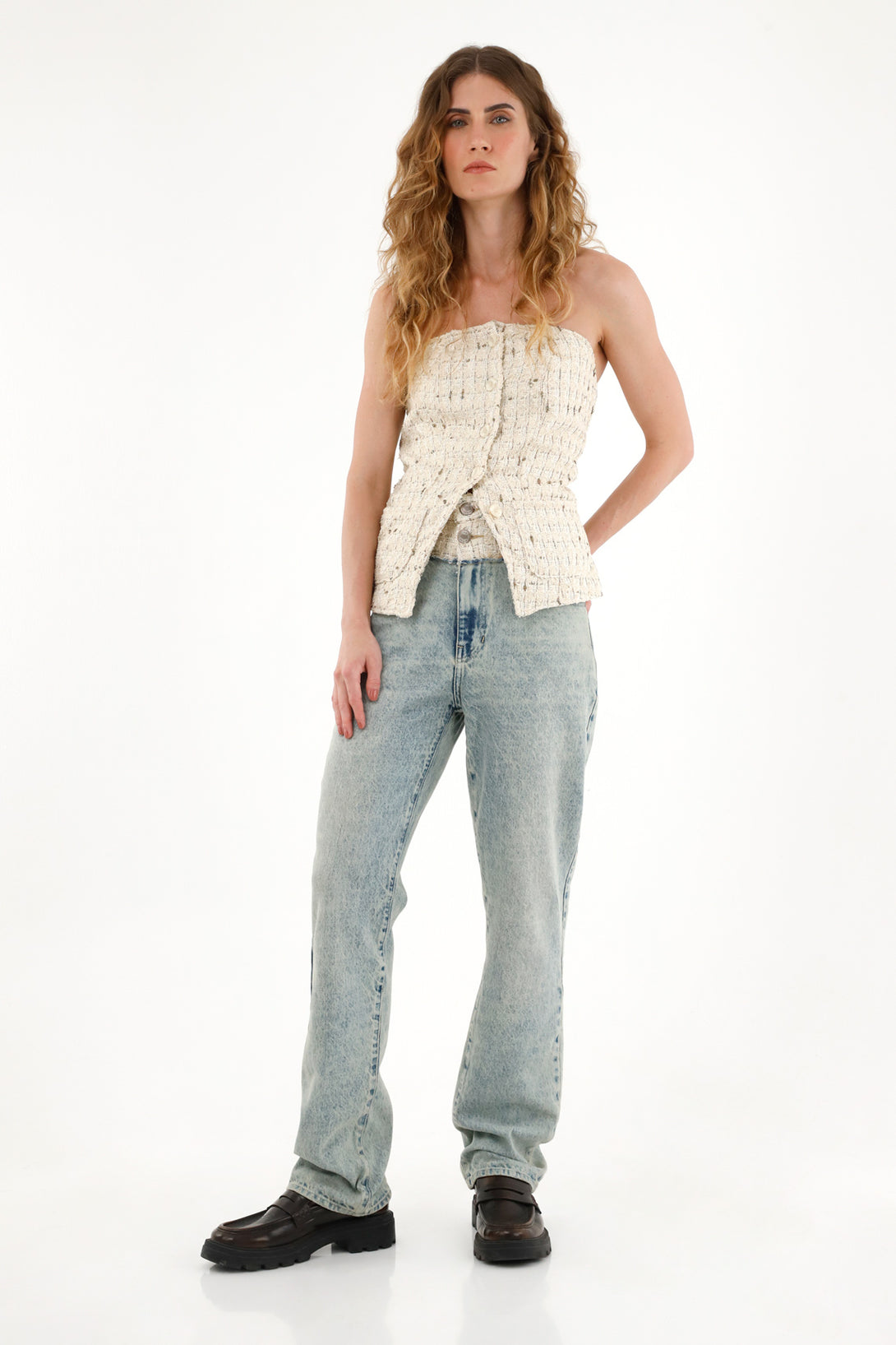 Women's Straight Cut Jeans with Woven Lurex Waistband