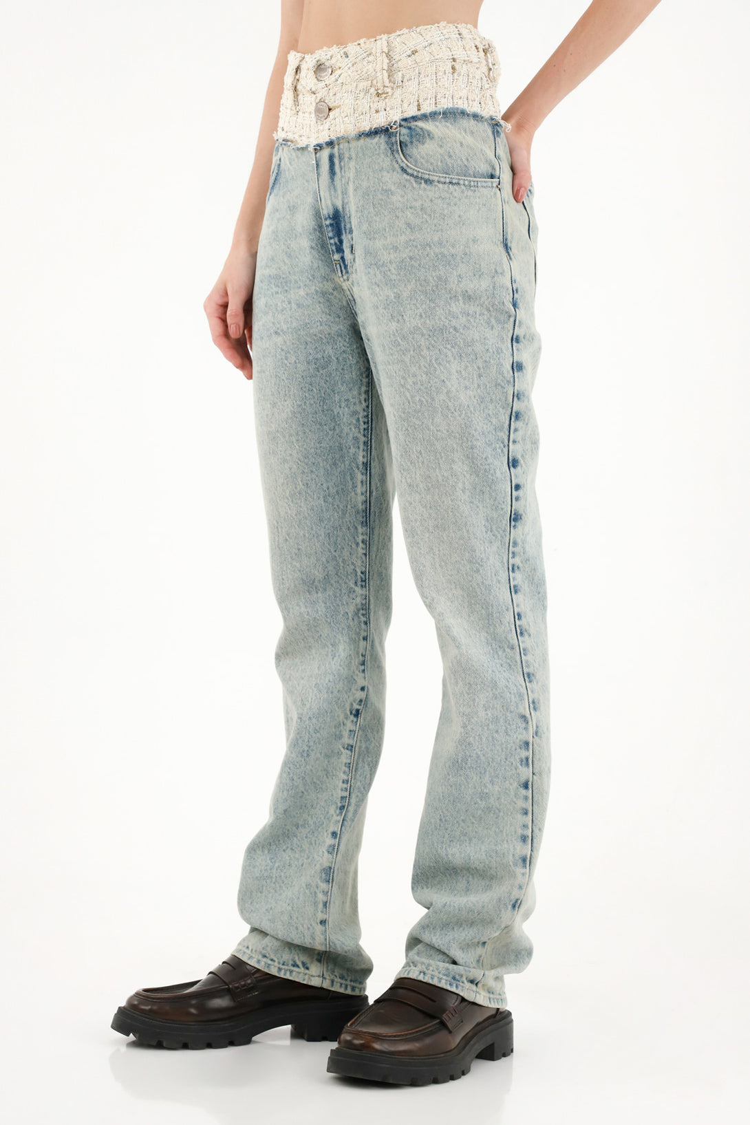 Women's Straight Cut Jeans with Woven Lurex Waistband