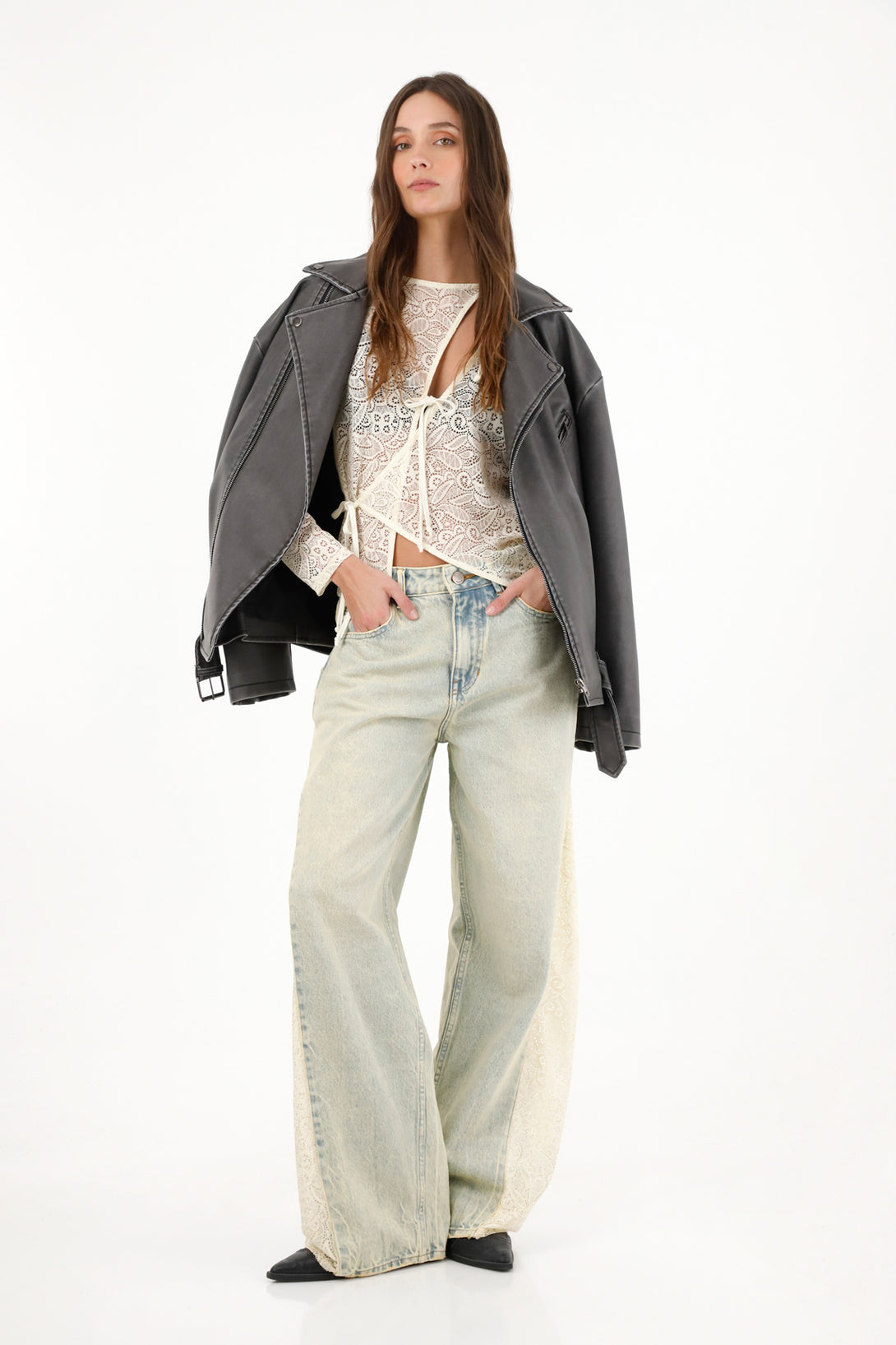 Women's High-Waisted Wide Leg Jeans with Lace Side Details