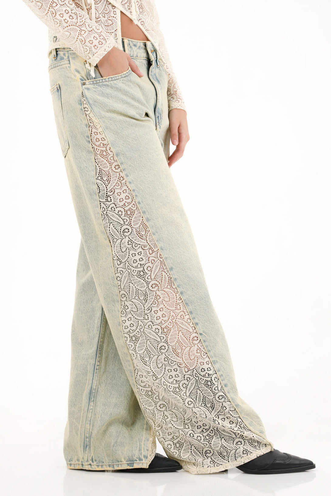 Women's High-Waisted Wide Leg Jeans with Lace Side Details