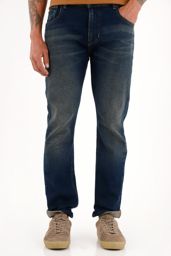 Men's Blue Mid-Rise Nudy Jeans with 3D Whiskers