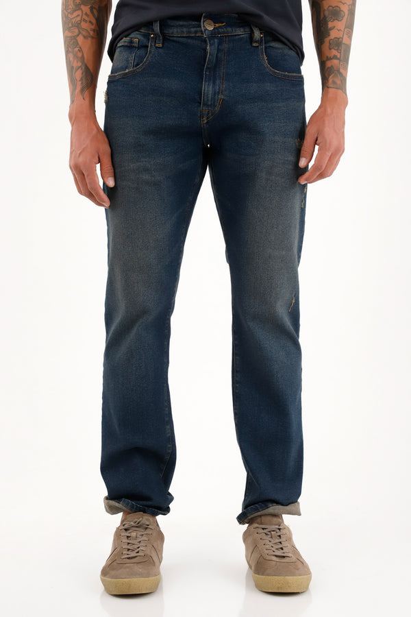 Men's Medium Rise Blue Straight Leg Jeans with Stitching Detail