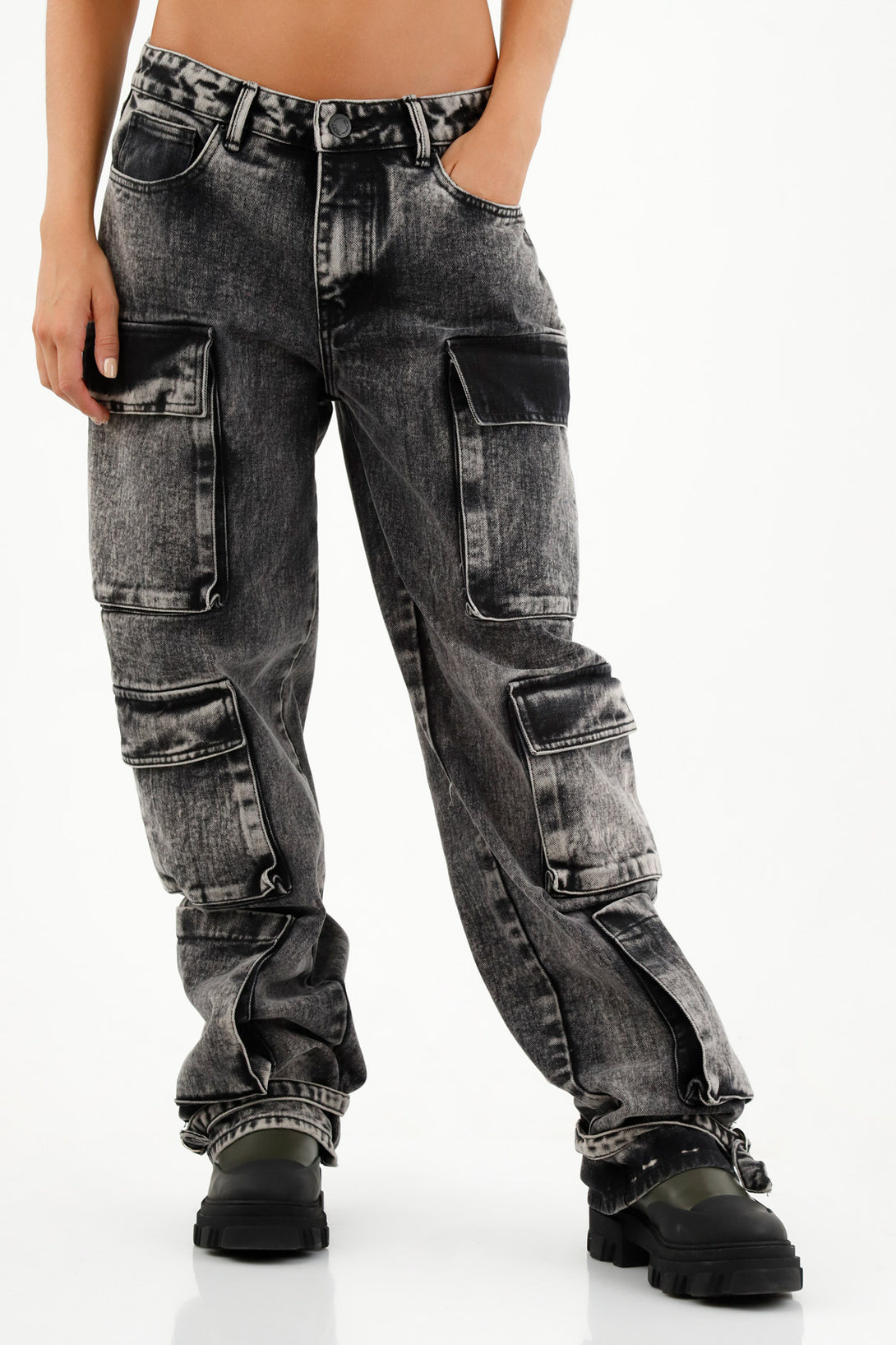 Women's Black Denim Cargo Jeans