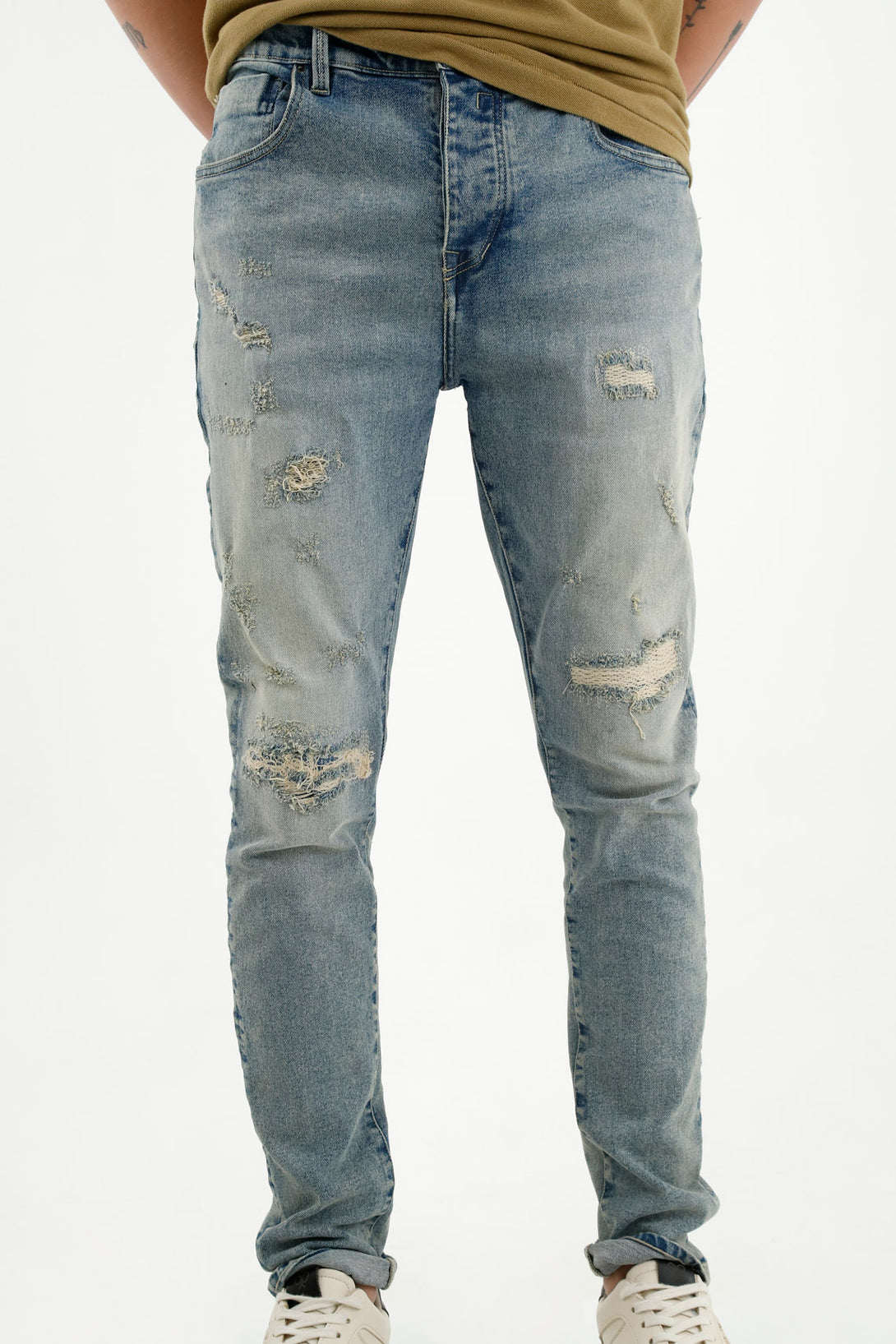 Men's Ripped and Distressed Blue Jeans