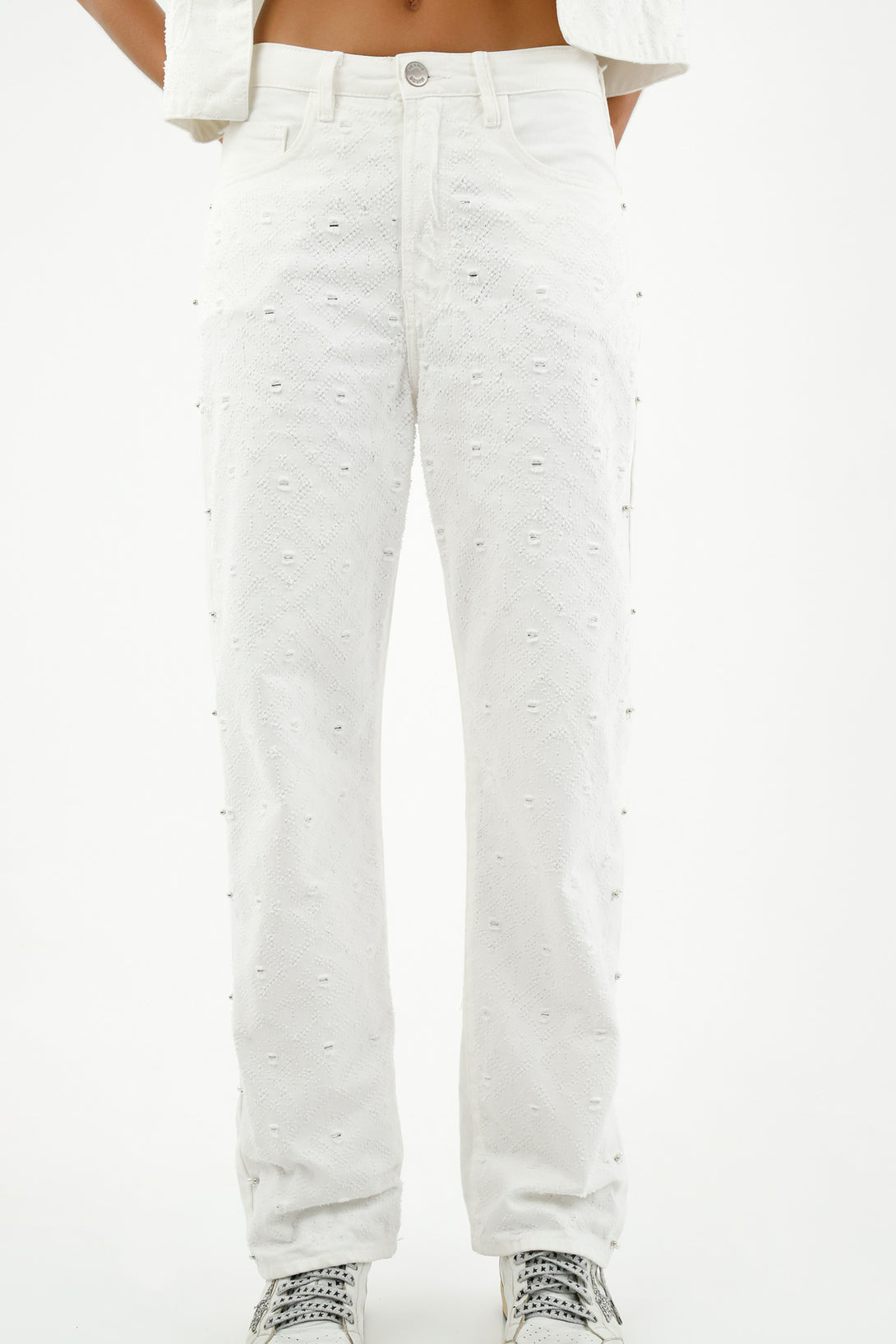 Women's Raw Denim Jeans with Decorative Stones