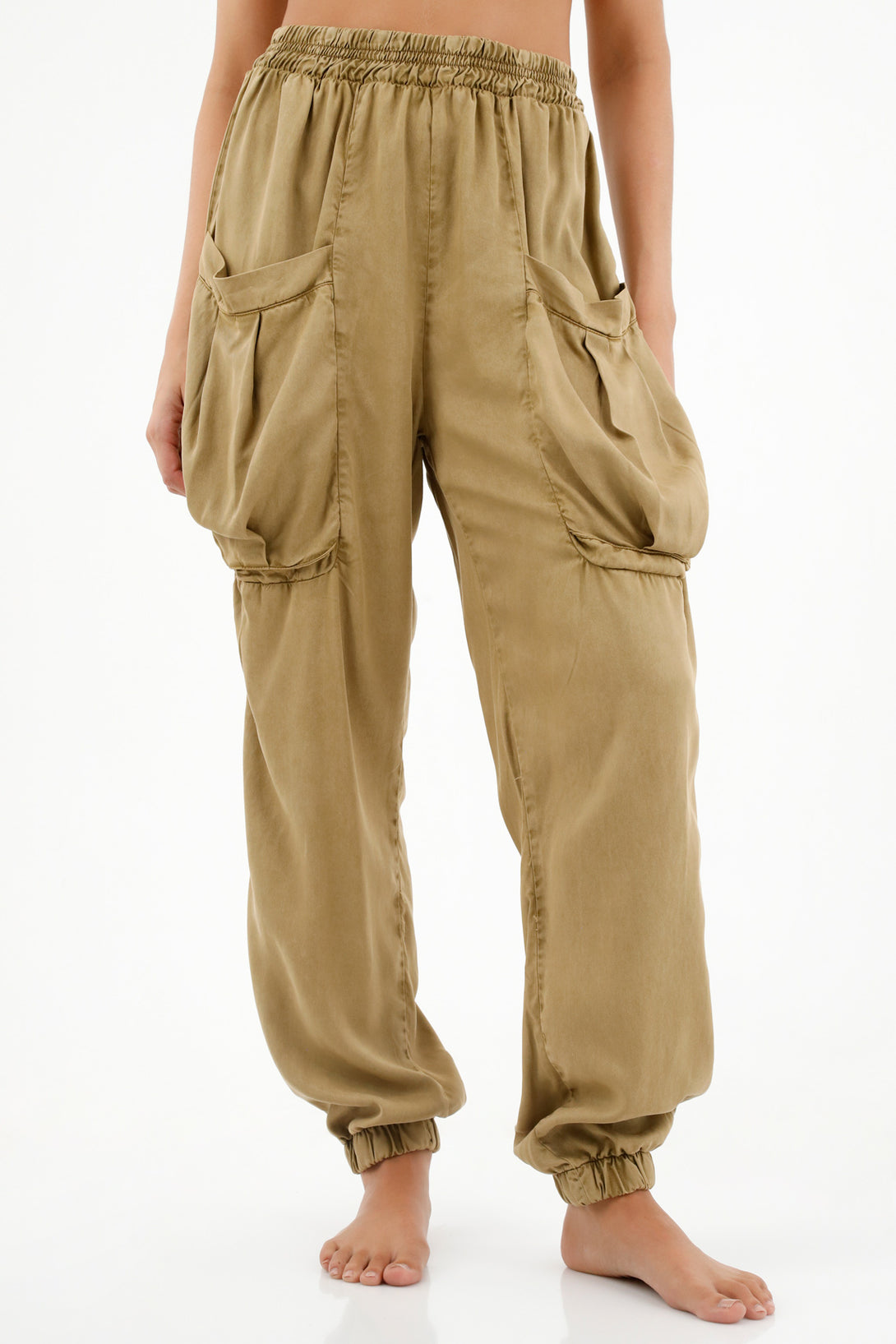 Women's Green Elastic Waist Pants with Tapered Leg