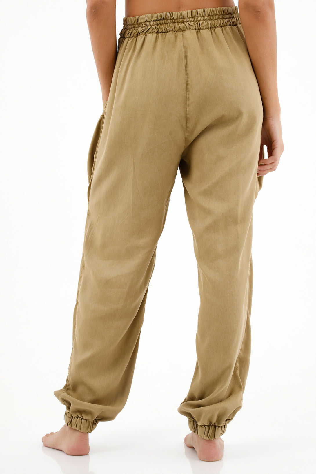 Women's Green Elastic Waist Pants with Tapered Leg