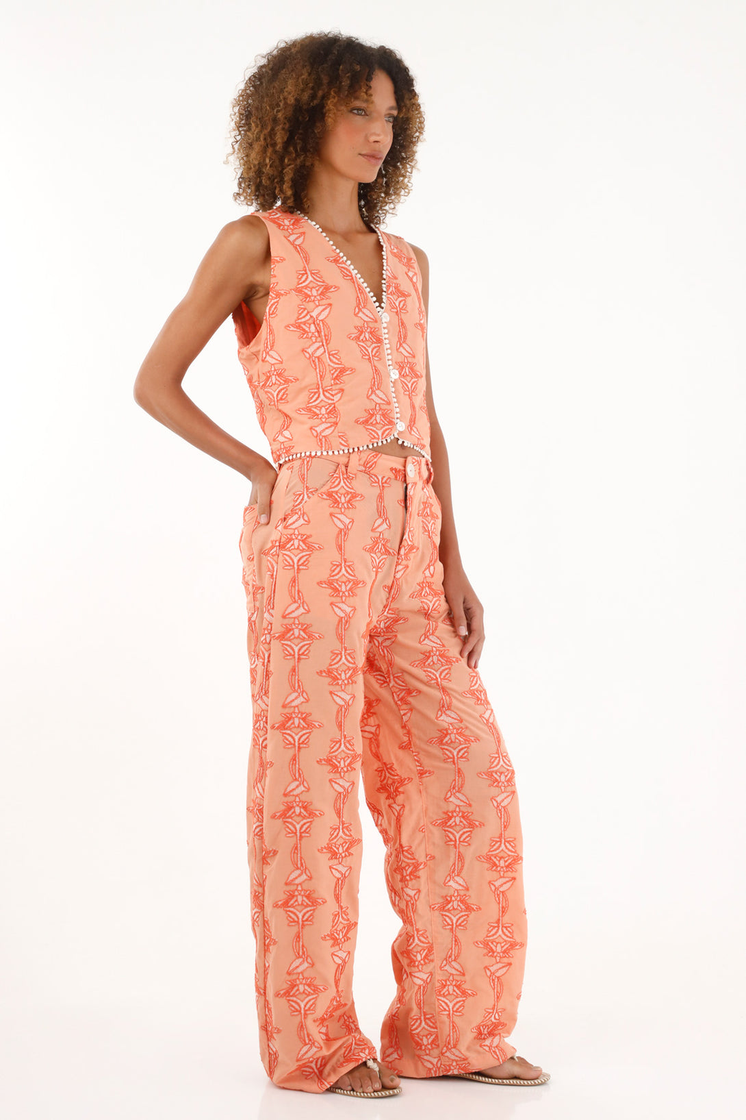 Women's Orange Straight-Leg Pants with Embroidery