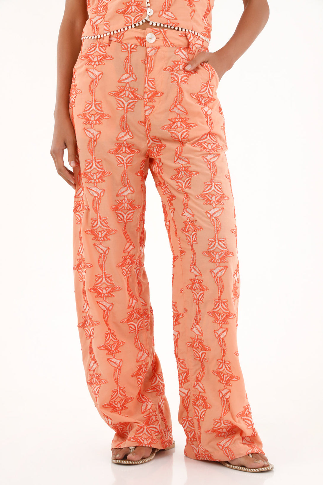 Women's Orange Straight-Leg Pants with Embroidery