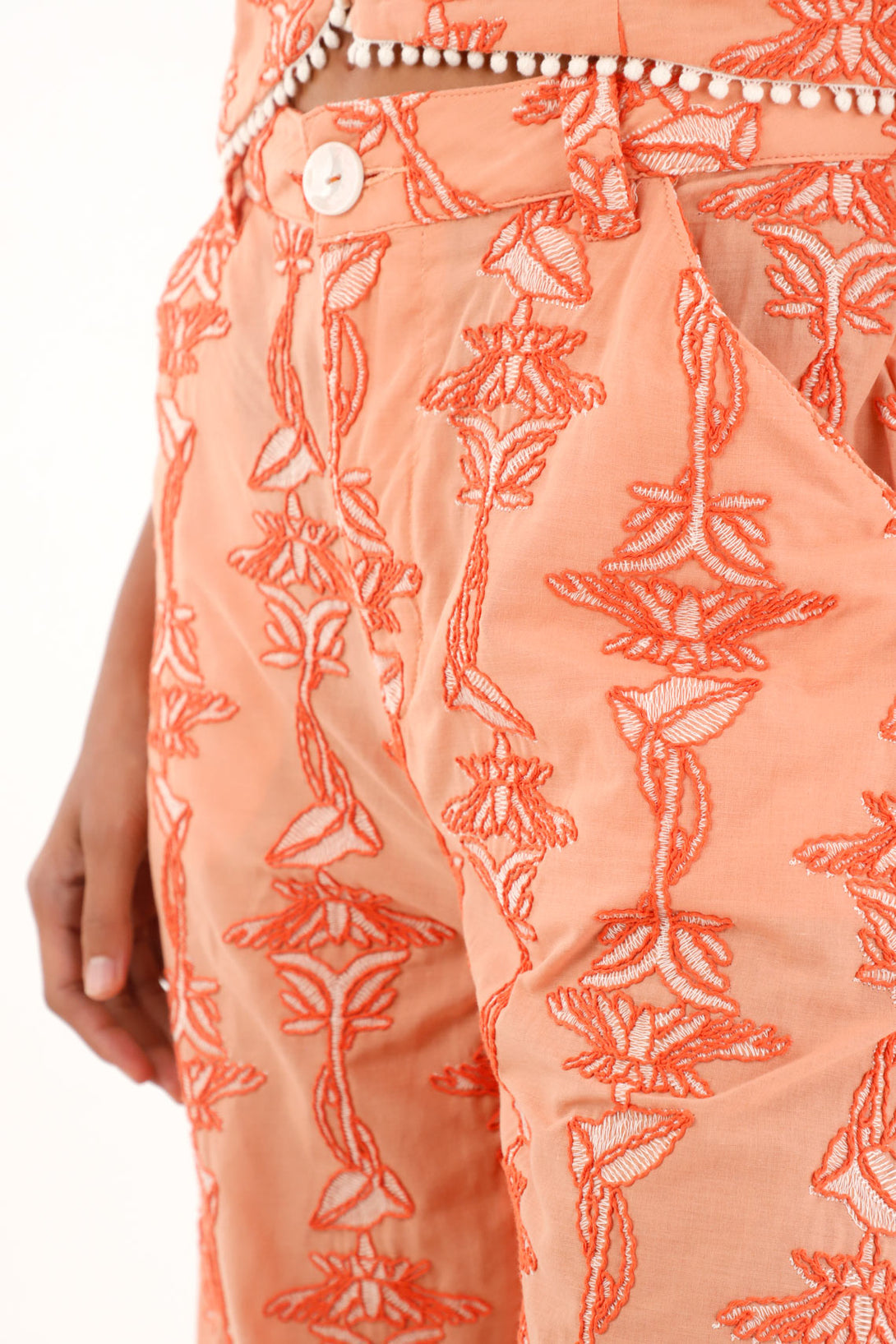 Women's Orange Straight-Leg Pants with Embroidery