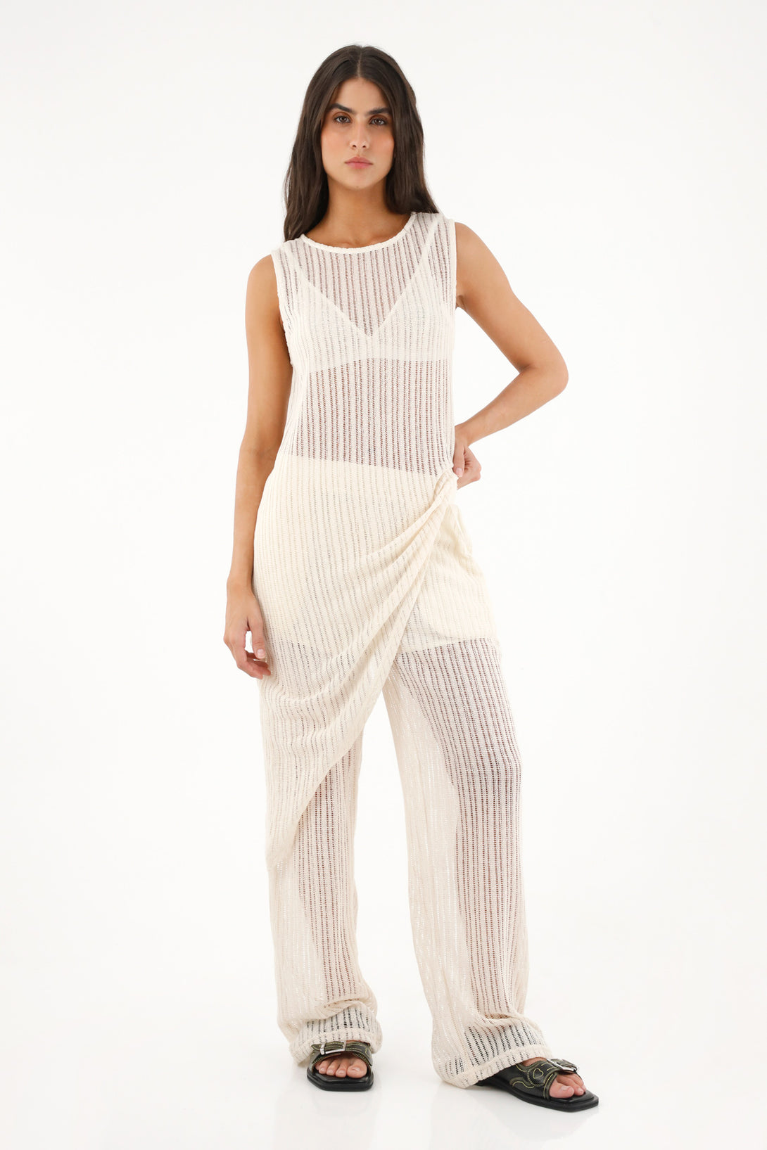 Women's Straight-Leg Open Weave Pants in Cream