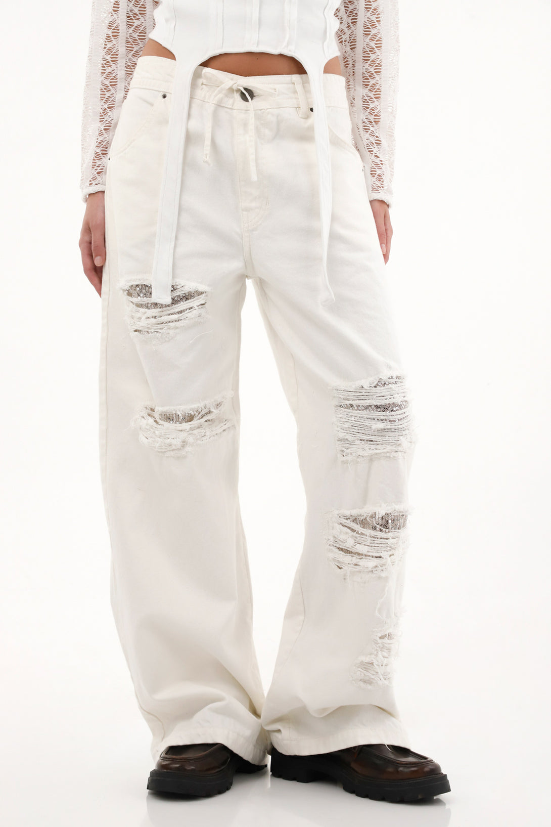 Women's Low Rise Straight Leg Pants with Rips and Sequins