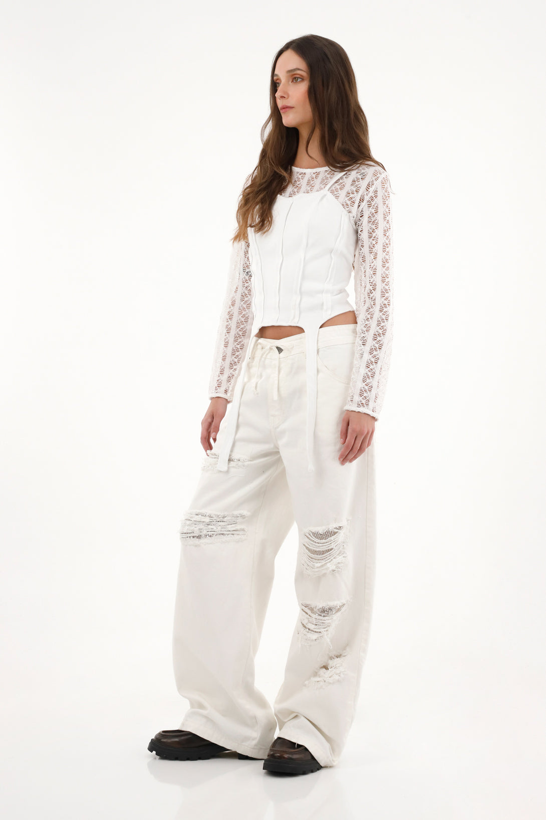 Women's Low Rise Straight Leg Pants with Rips and Sequins