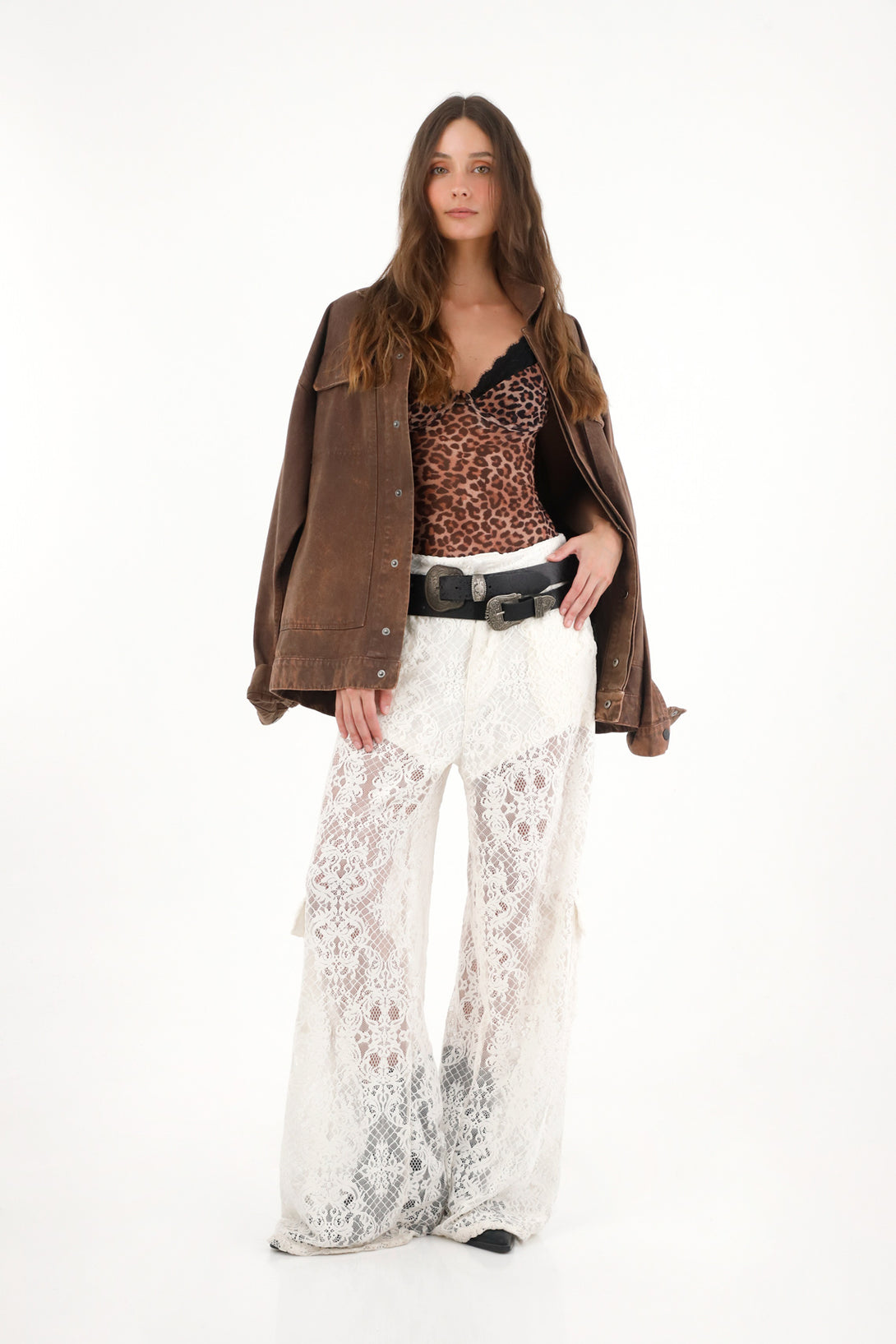 Women's Cream Wide Leg Lace Pants