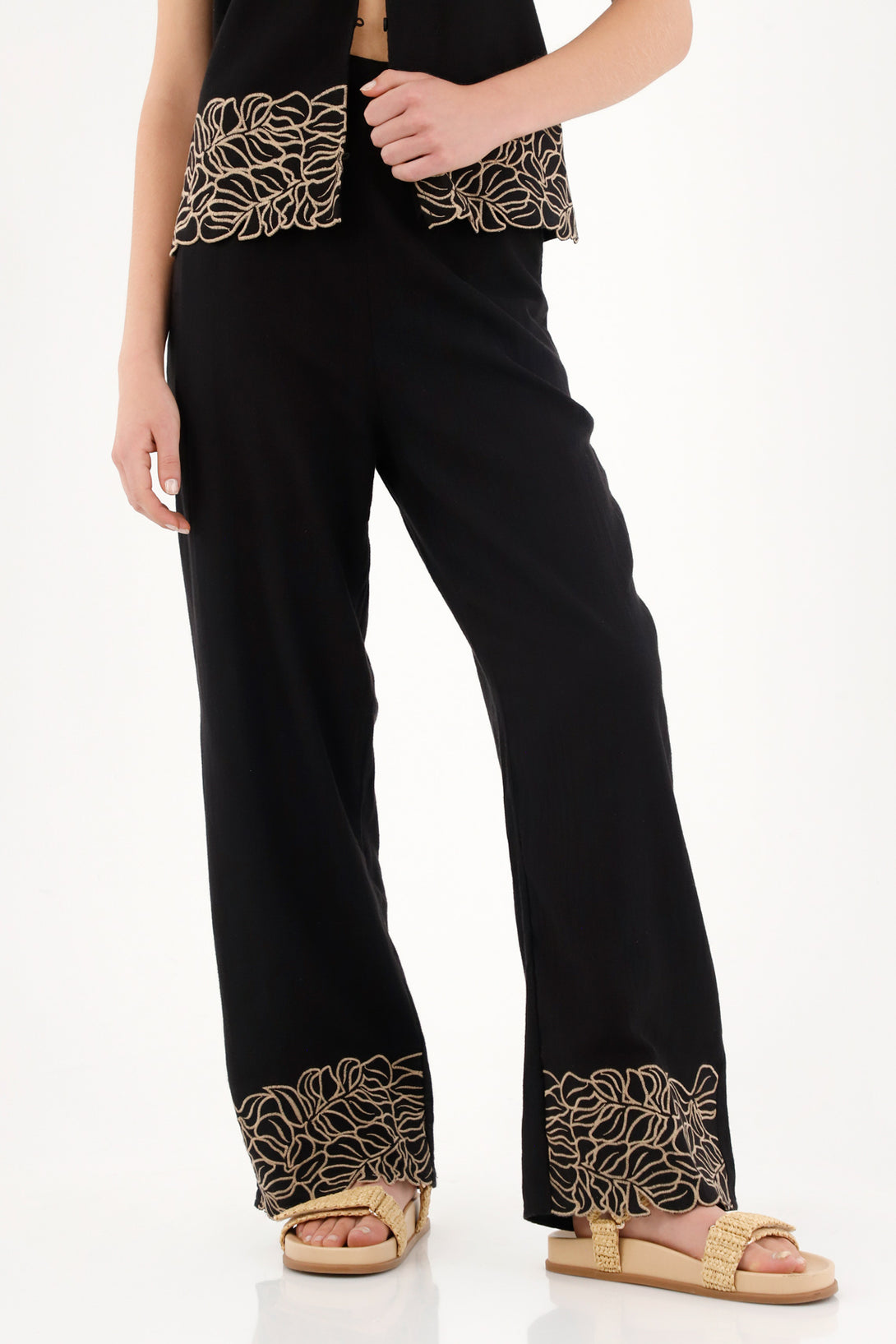 Women's Black Straight Pants with Elastic Waistband