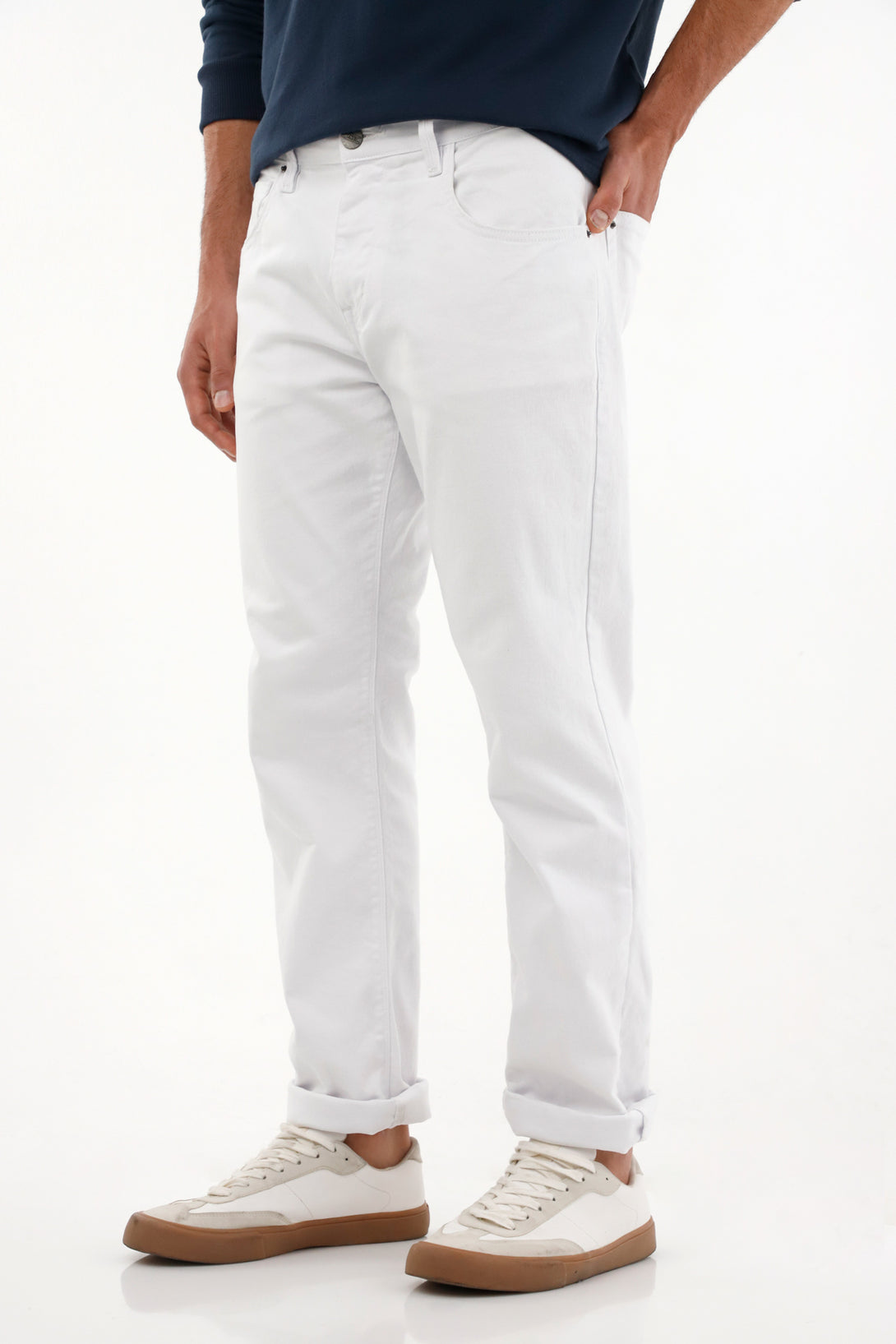 Men's White Five-Pocket Straight Leg Jeans