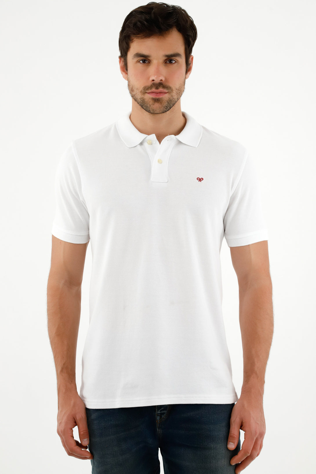 Men's White Polo Shirt with Multicolor Racket Design