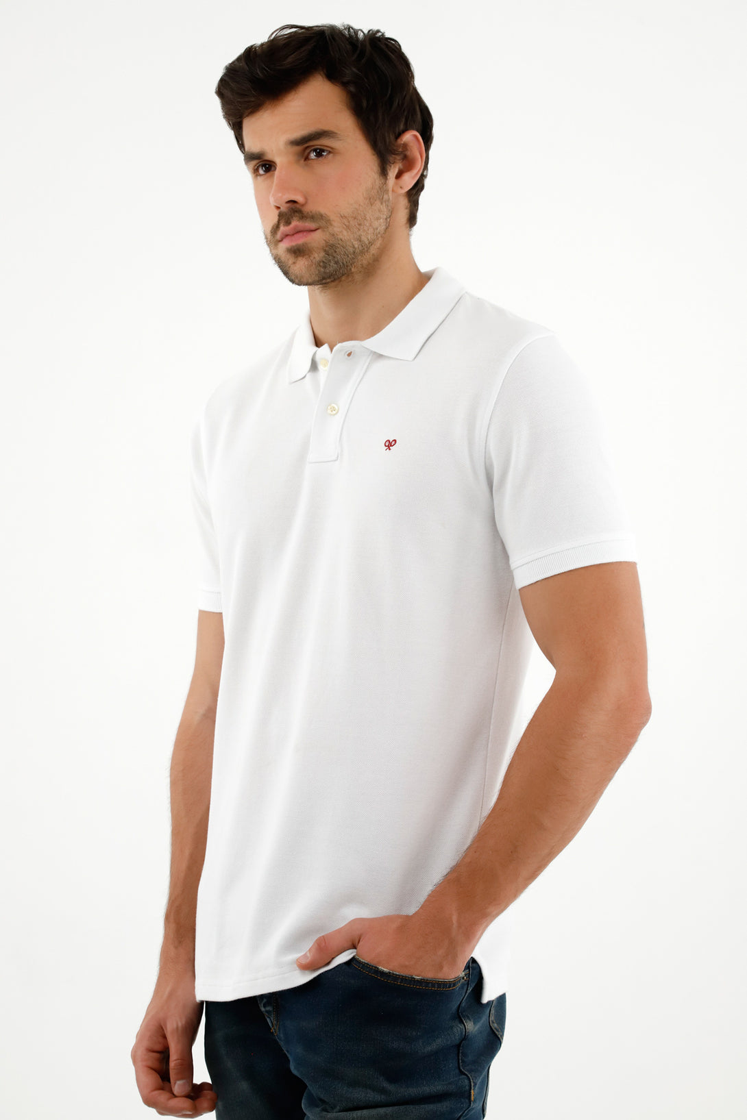 Men's White Polo Shirt with Multicolor Racket Design