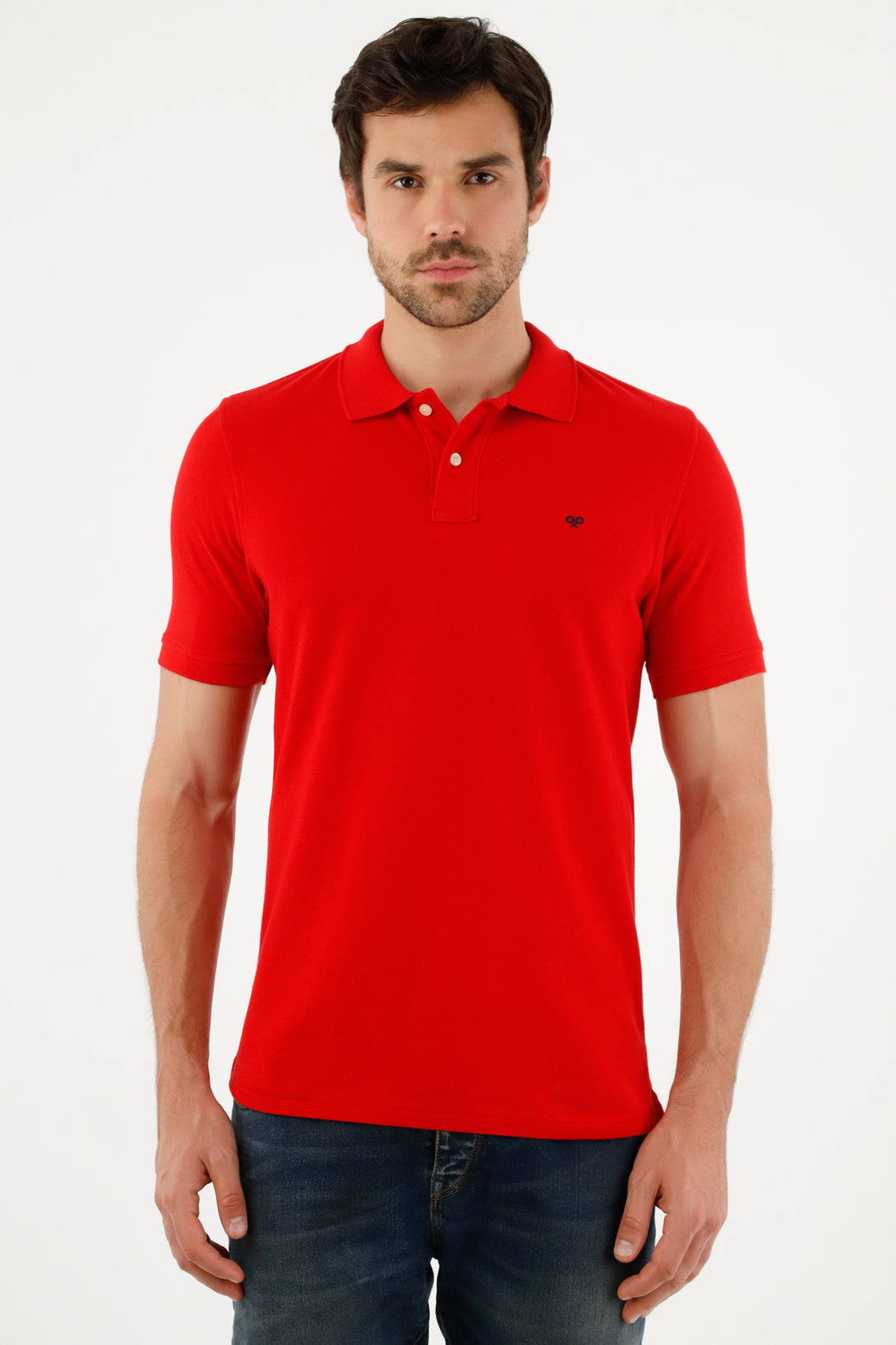 Men's Red Polo Shirt with Blue Racket Design