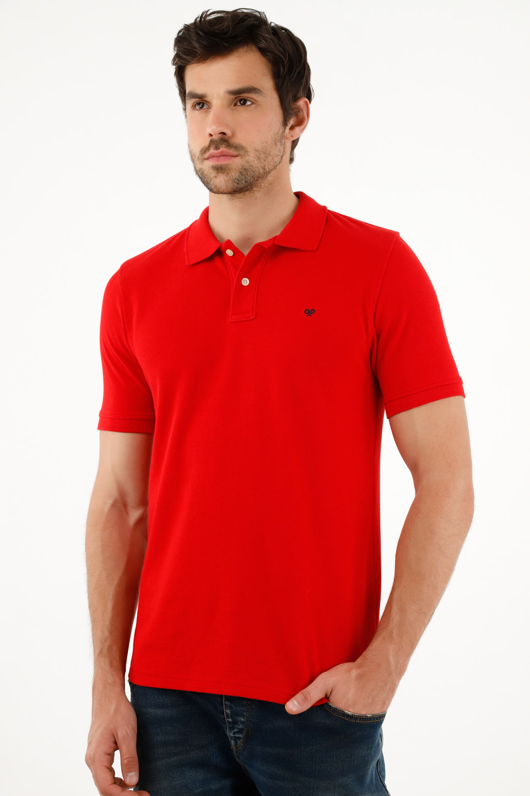 Men's Red Polo Shirt with Blue Racket Design