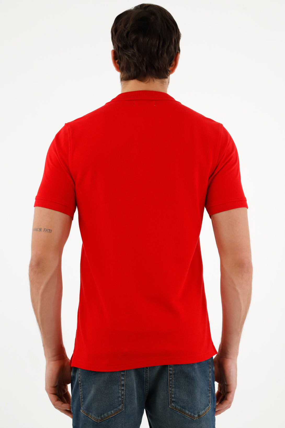 Men's Red Polo Shirt with Blue Racket Design