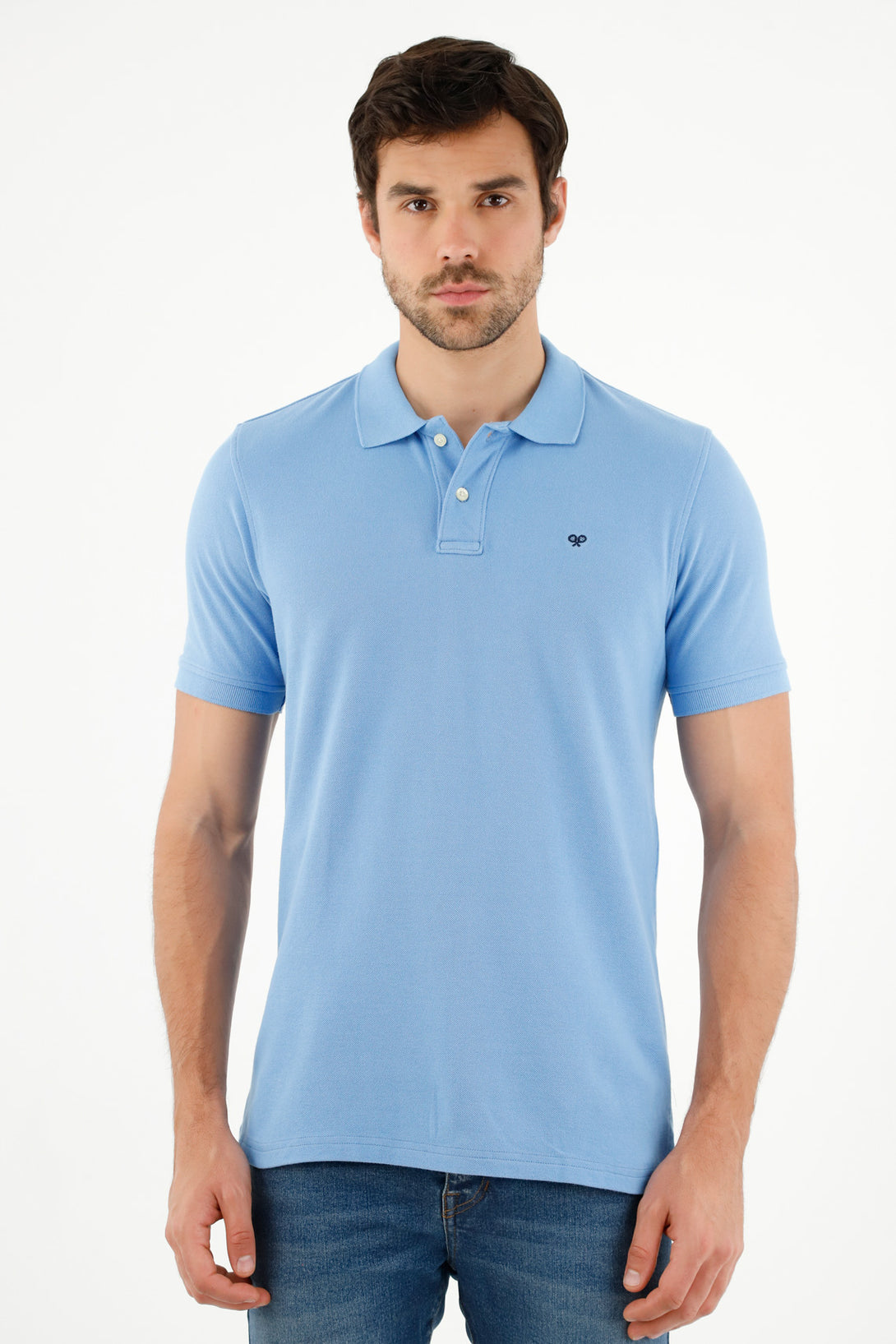 Men's Blue Polo Shirt with Multicolor Racket Design