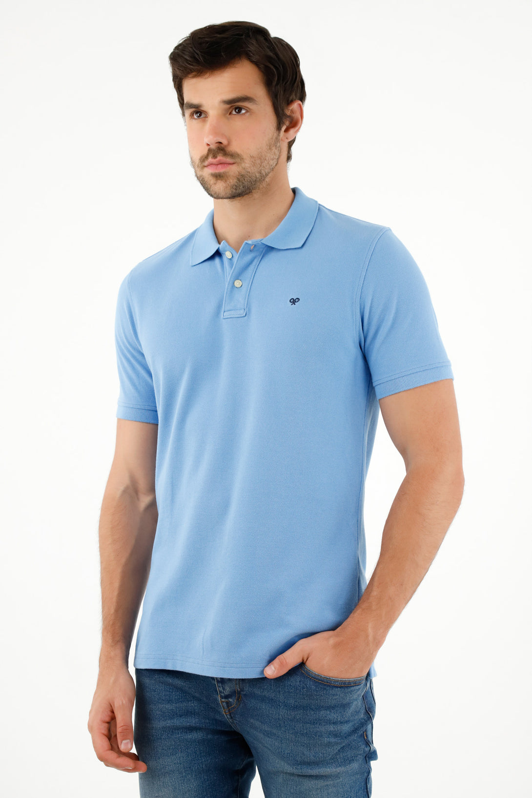 Men's Blue Polo Shirt with Multicolor Racket Design