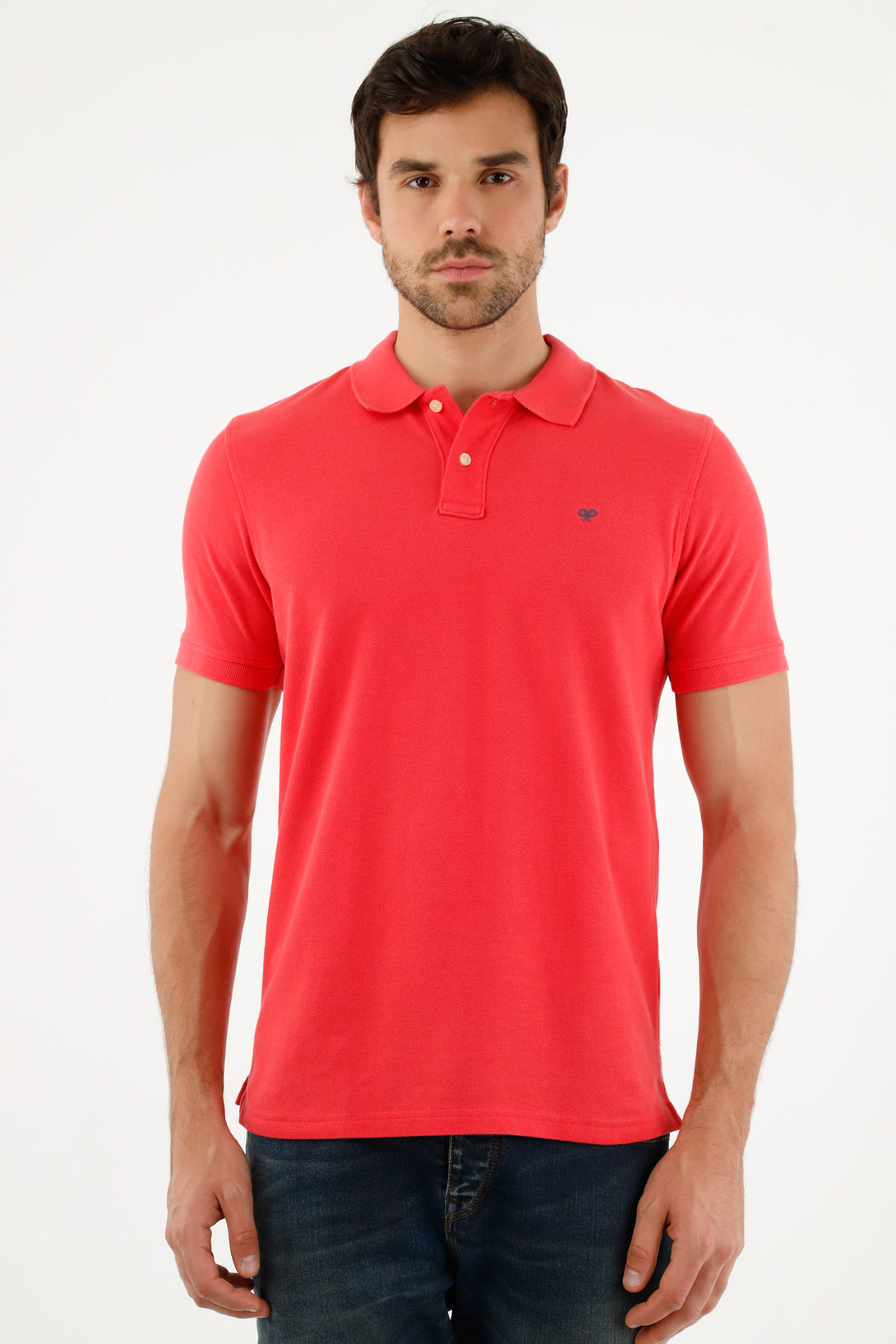 Men's Pink Polo Shirt with Multicolor Racket Design